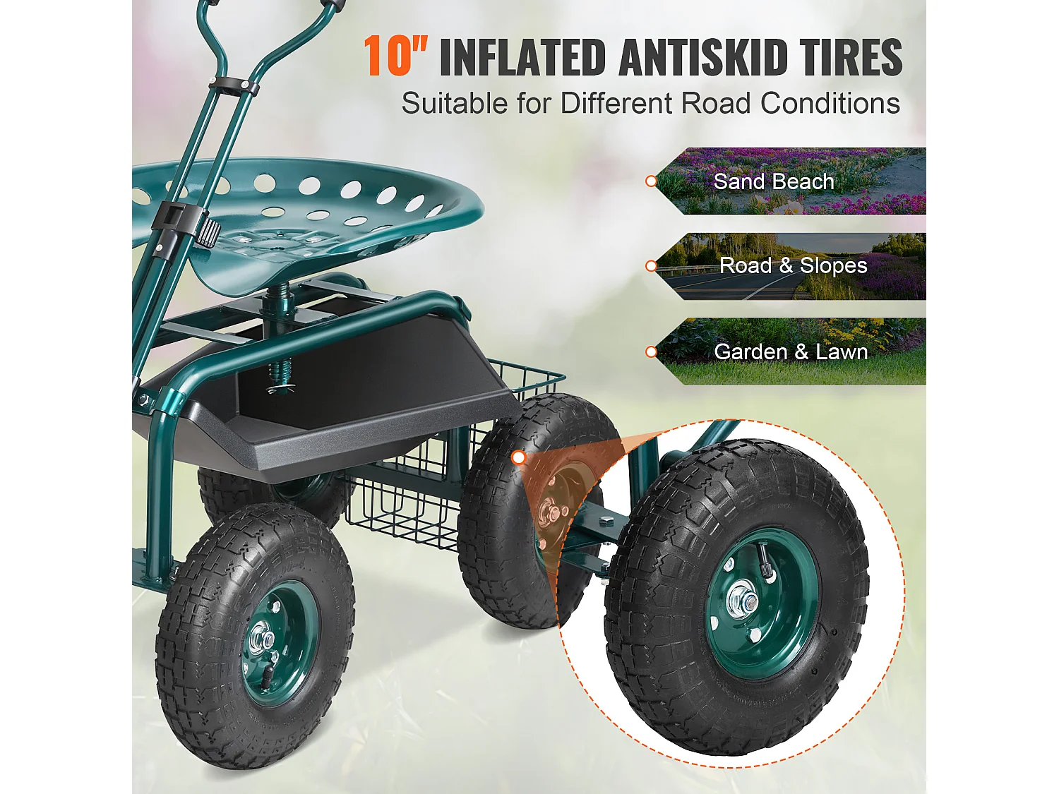 Rollbarer Gartensitz, SucceBuy Rollbarer Gartenwagen mit Sitz, Rädern, ausziehbarem Griff, Grün