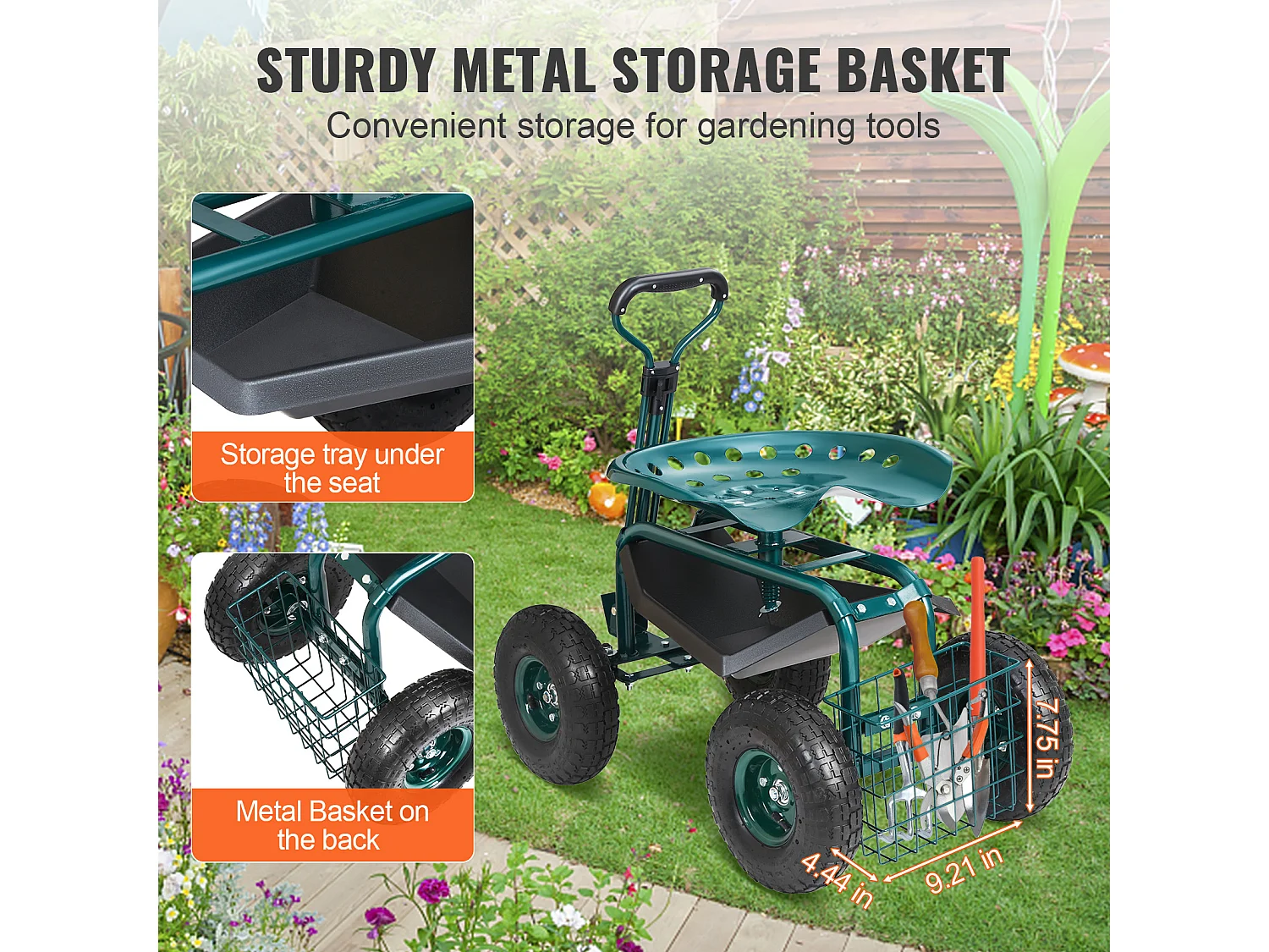 Rollbarer Gartensitz, SucceBuy Rollbarer Gartenwagen mit Sitz, Rädern, ausziehbarem Griff, Grün