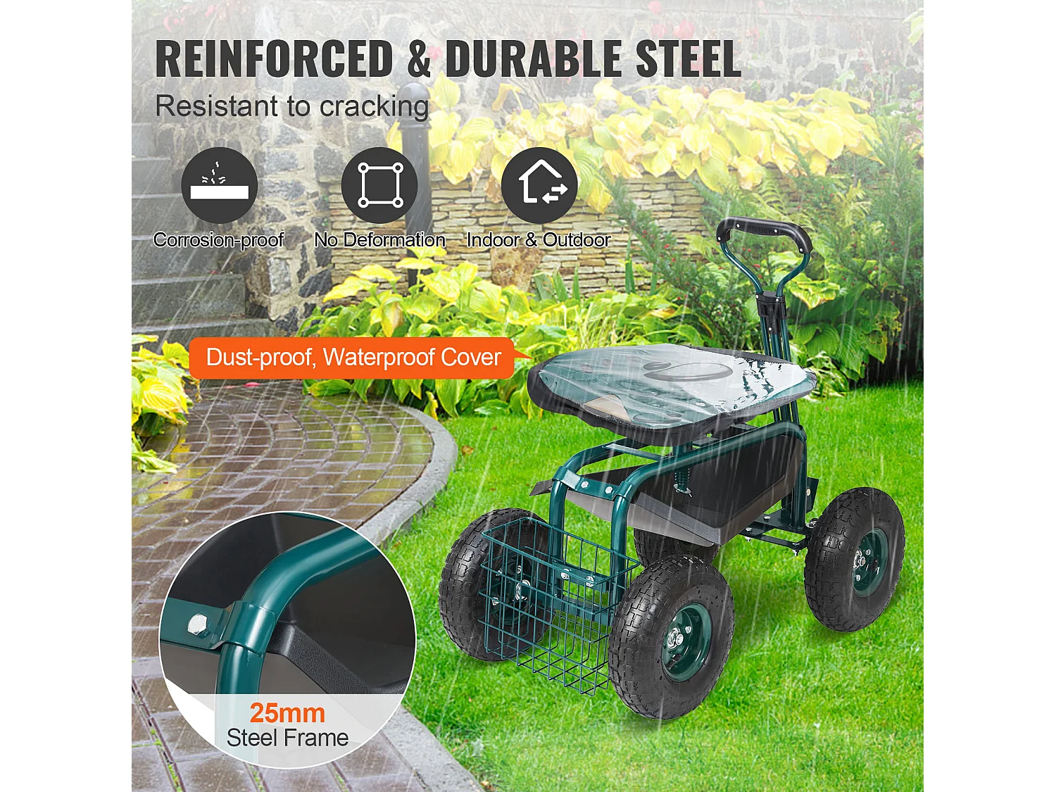 Rollbarer Gartensitz, SucceBuy Rollbarer Gartenwagen mit Sitz, Rädern, ausziehbarem Griff, Grün