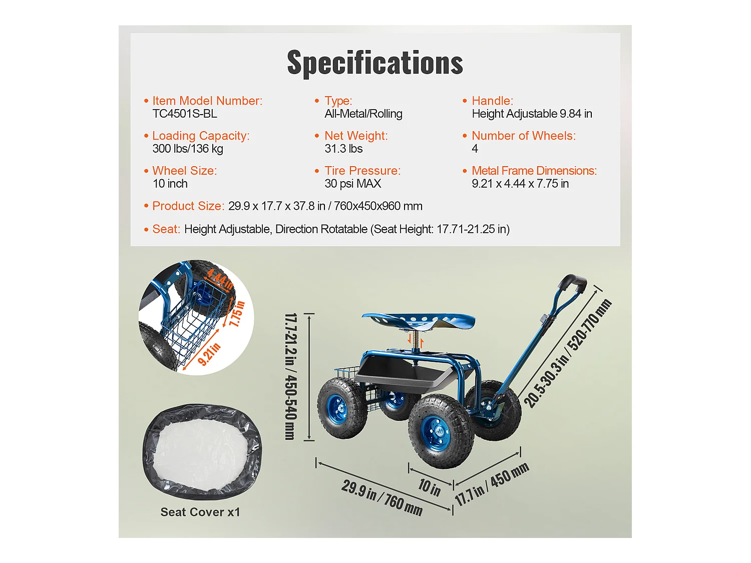 Siège de Jardin Roulant, SucceBuy Chariot de Jardin avec Siège, Roulettes et Poignée Extensible