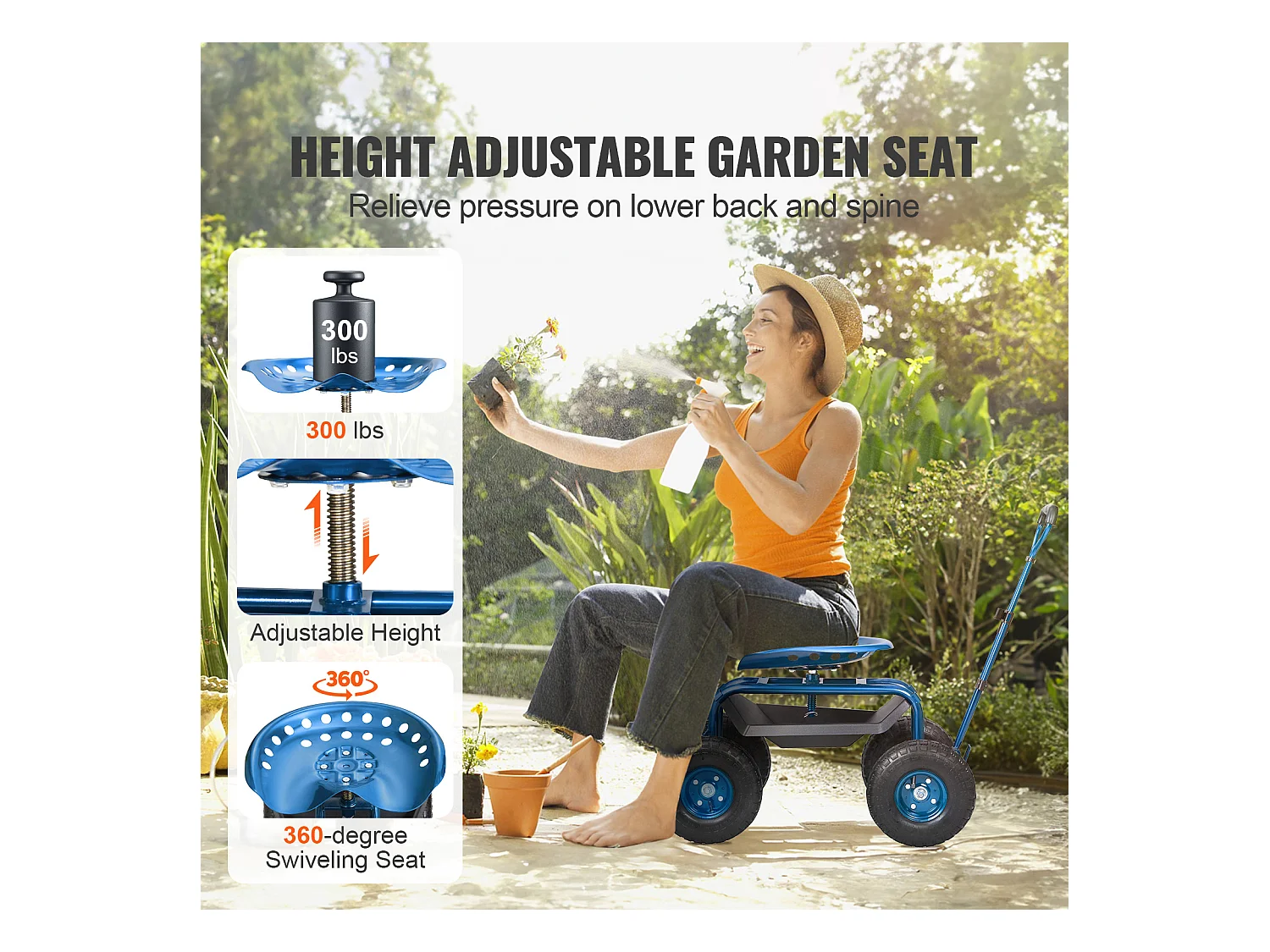 Siège de Jardin Roulant, SucceBuy Chariot de Jardin avec Siège, Roulettes et Poignée Extensible