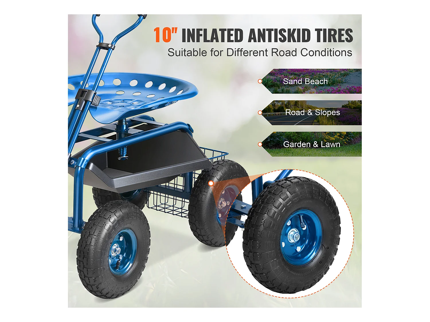 Siège de Jardin Roulant, SucceBuy Chariot de Jardin avec Siège, Roulettes et Poignée Extensible