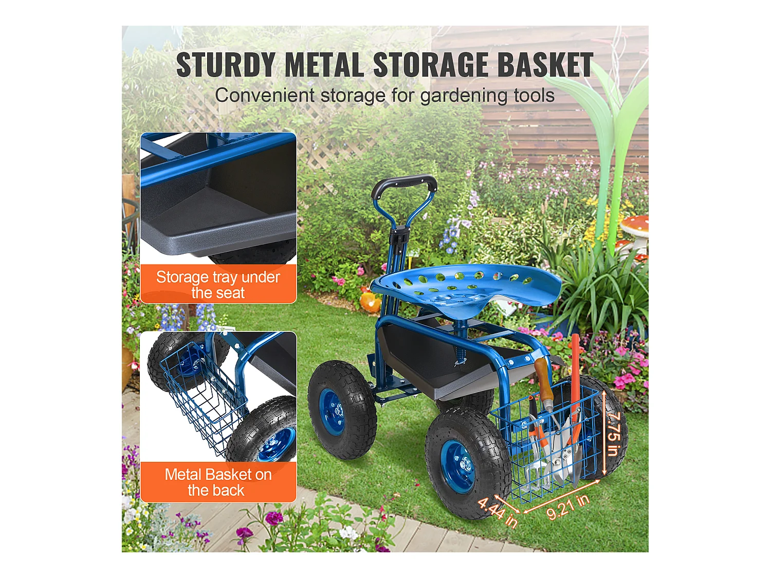 Siège de Jardin Roulant, SucceBuy Chariot de Jardin avec Siège, Roulettes et Poignée Extensible