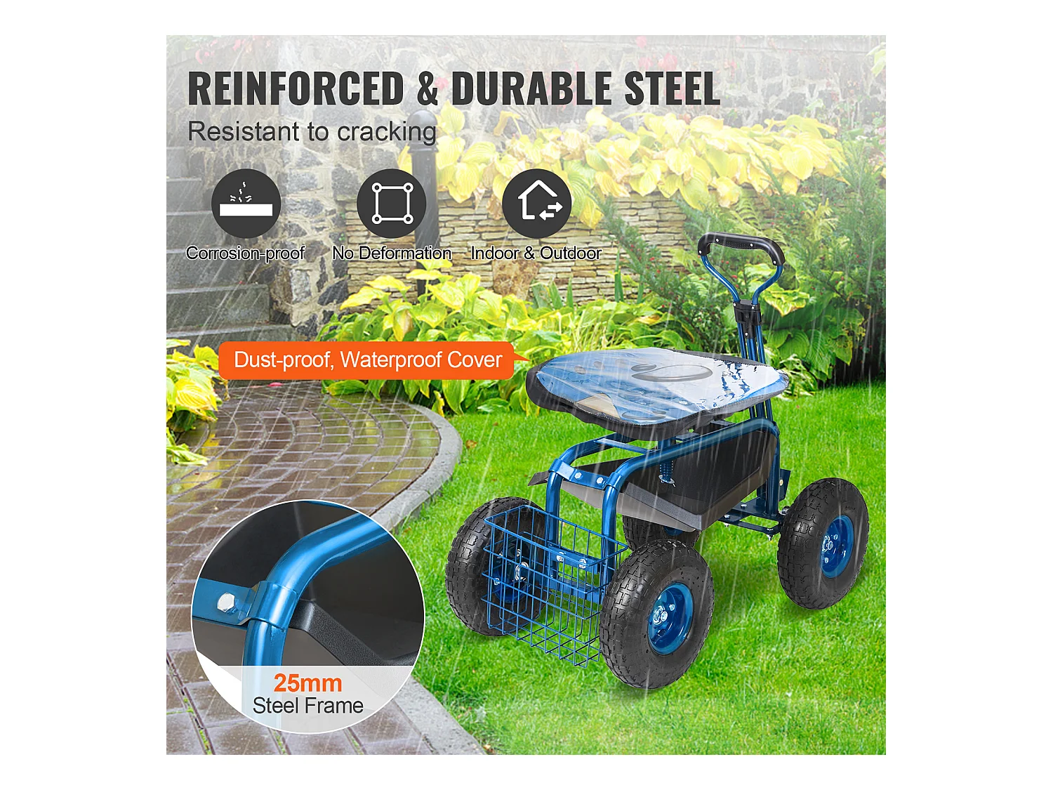 Siège de Jardin Roulant, SucceBuy Chariot de Jardin avec Siège, Roulettes et Poignée Extensible