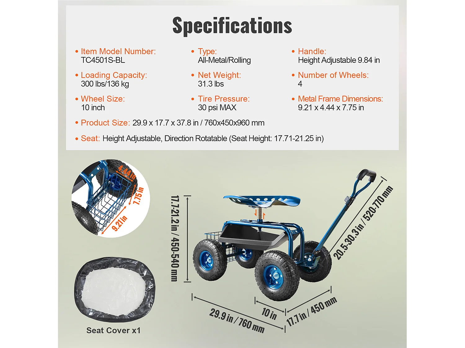 Siège de Jardin Roulant, SucceBuy Chariot de Jardin avec Siège, Roulettes et Poignée Extensible