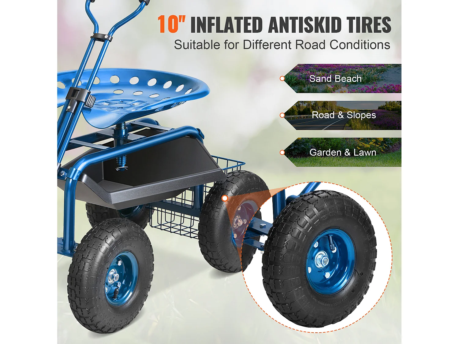 Siège de Jardin Roulant, SucceBuy Chariot de Jardin avec Siège, Roulettes et Poignée Extensible