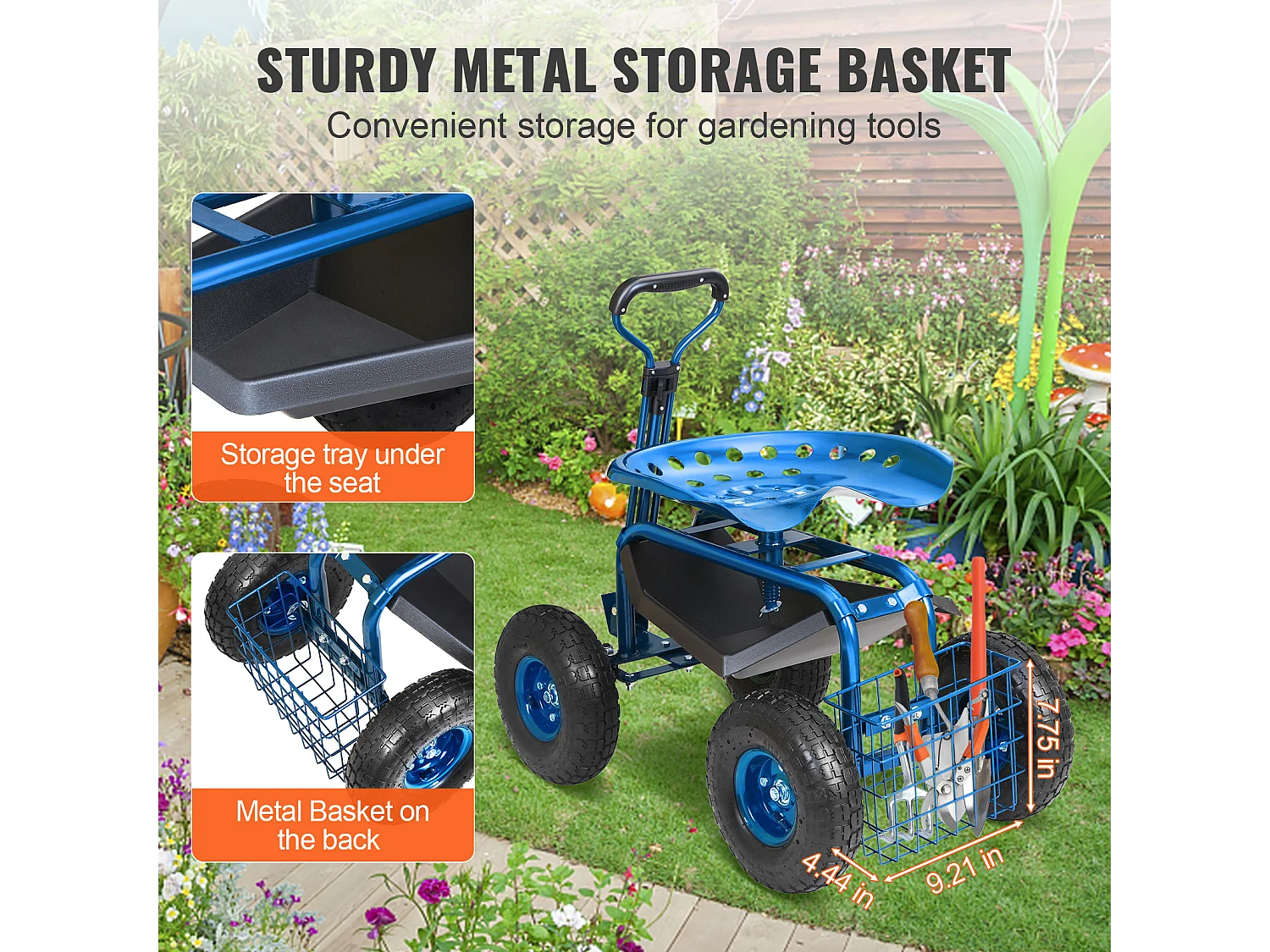 Siège de Jardin Roulant, SucceBuy Chariot de Jardin avec Siège, Roulettes et Poignée Extensible