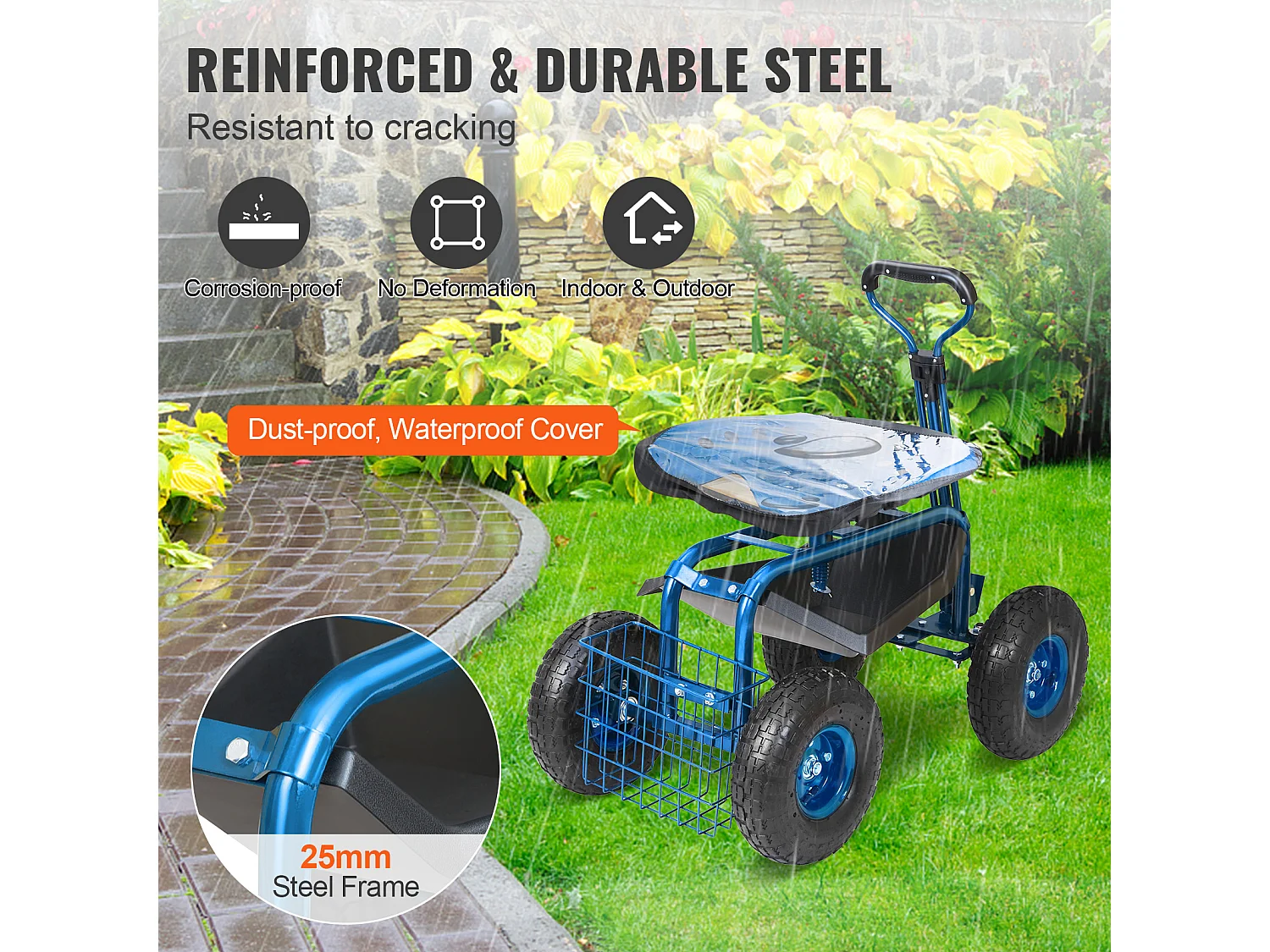 Siège de Jardin Roulant, SucceBuy Chariot de Jardin avec Siège, Roulettes et Poignée Extensible