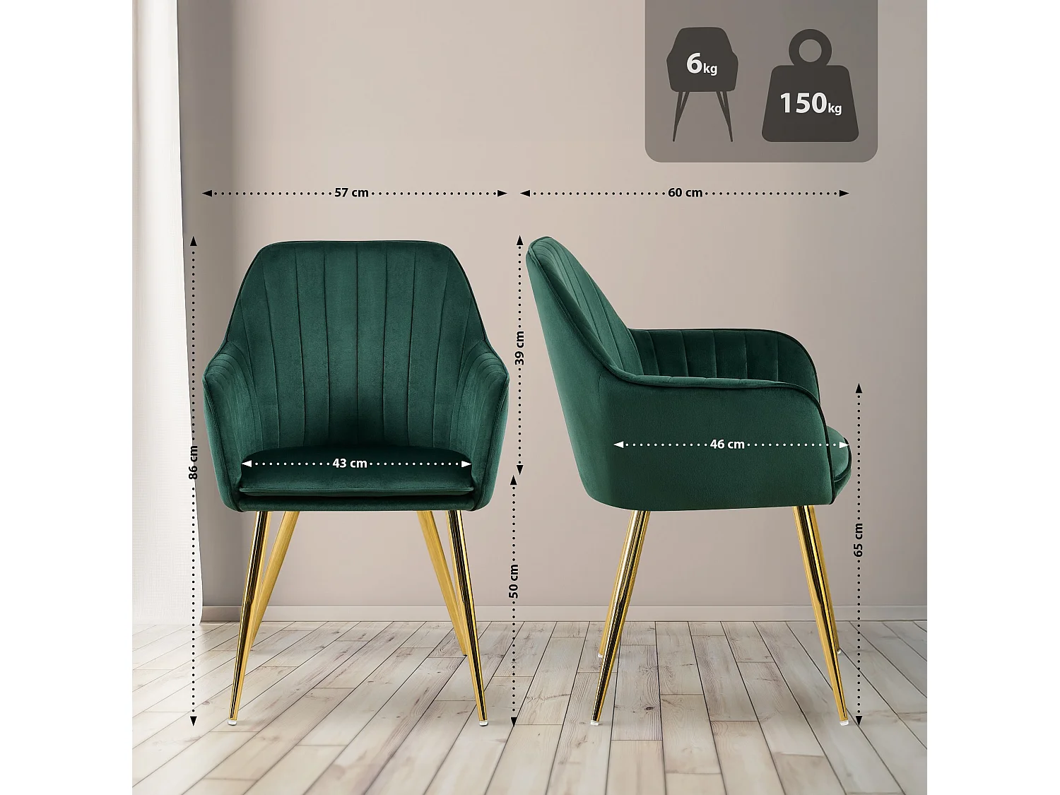 chaises avec accoudoirs - Velours & Or - Vert - Cheryl
