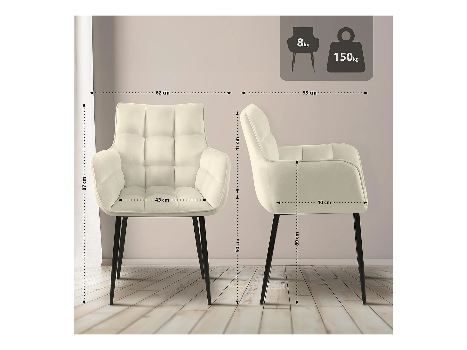 Lot de 2  chaises avec accoudoirs - Velours - Crème - Tirana