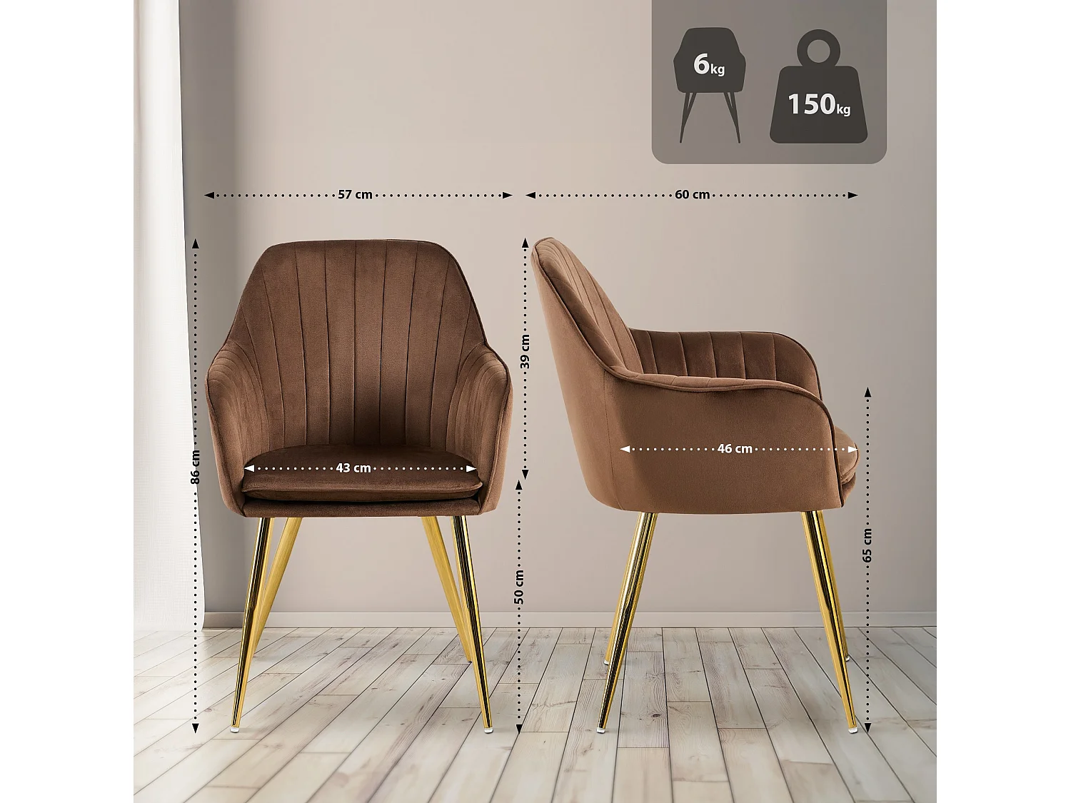 chaises avec accoudoirs - Velours & Or - Marron - Cheryl