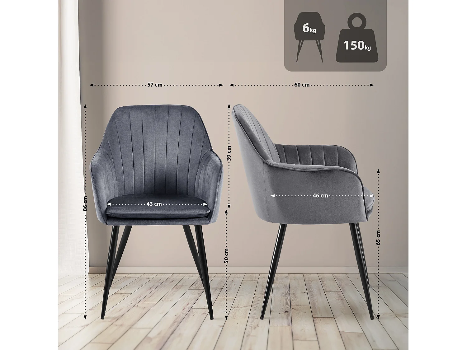 chaises avec accoudoirs - Velours & Noir - Gris foncé - Cheryl