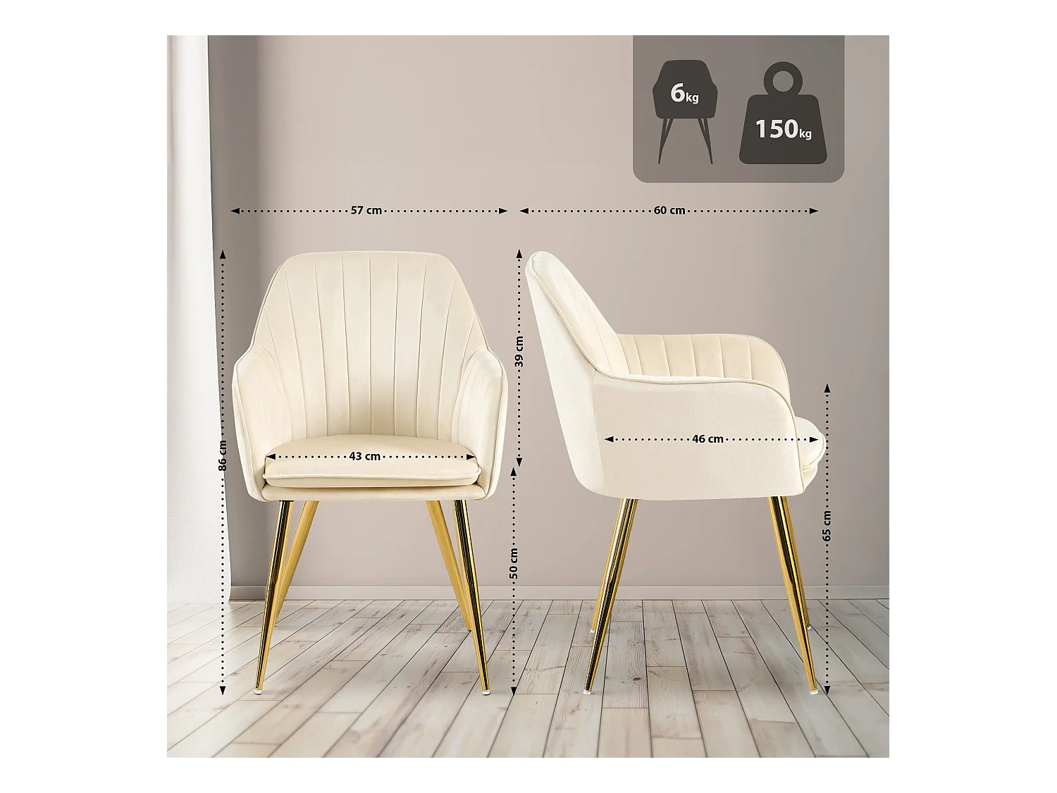 chaises avec accoudoirs - Métal & Or - Crème - Cheryl