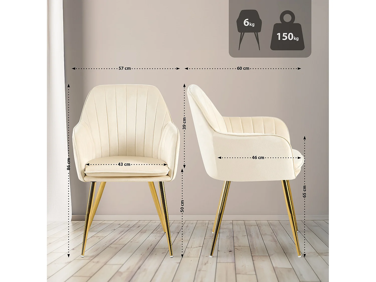 chaises avec accoudoirs - Velours & Or - Crème - Cheryl