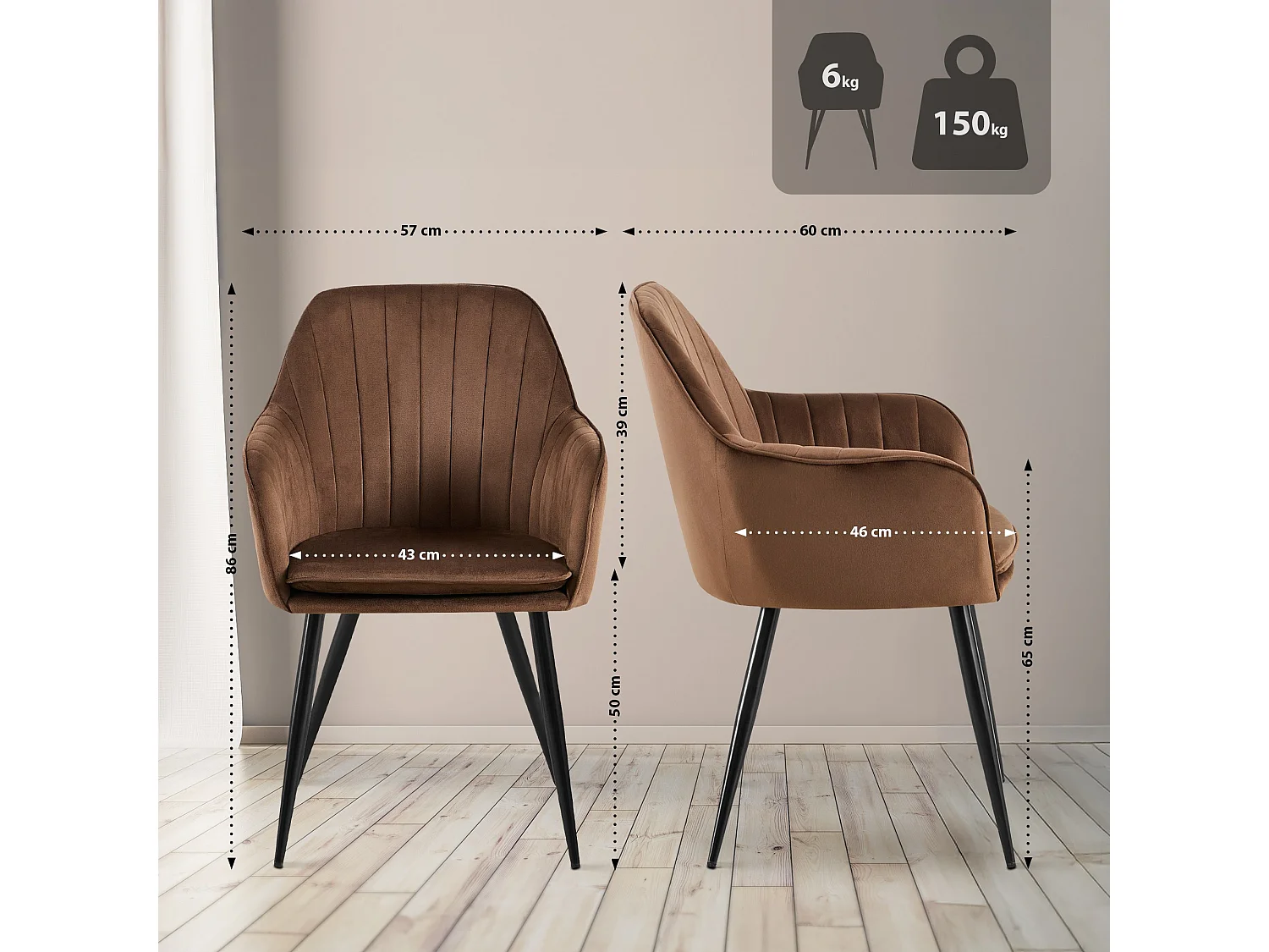 chaises avec accoudoirs - Velours & Noir - Marron - Cheryl