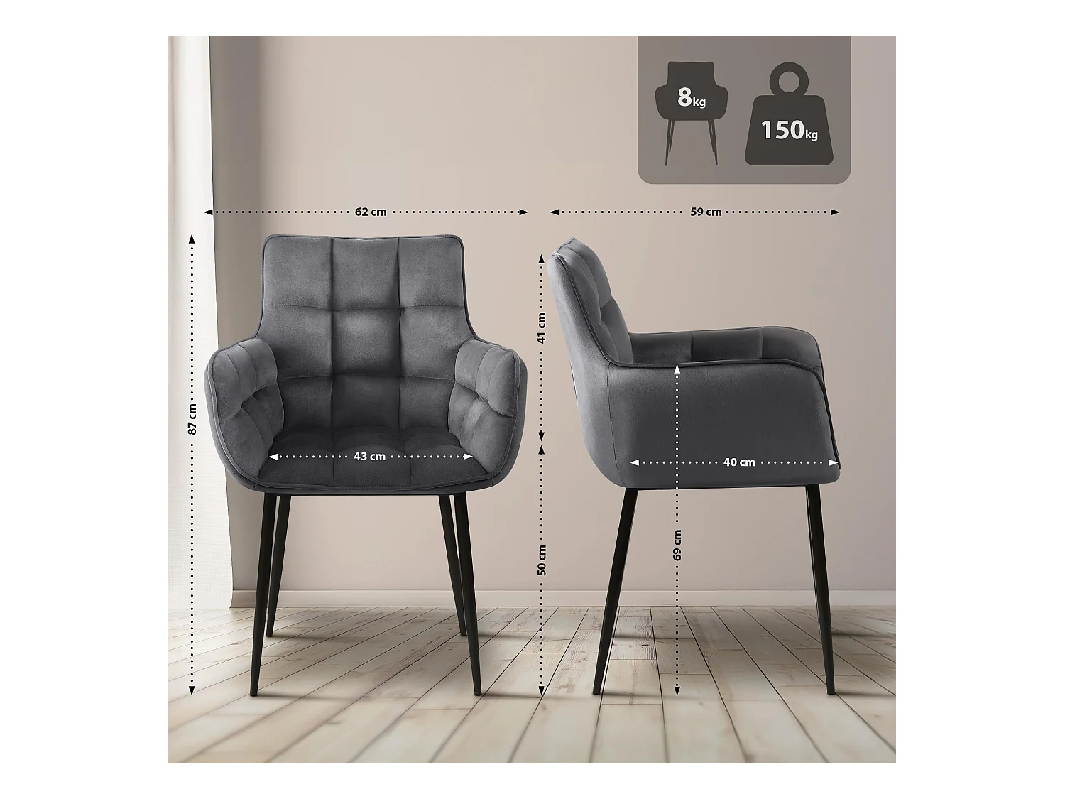 Lot de 2  chaises avec accoudoirs - Velours - Gris foncé - Tirana