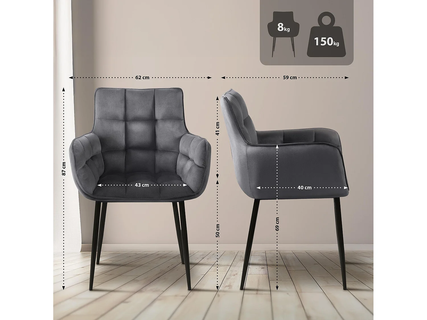 Lot de 2  chaises avec accoudoirs - Velours - Gris foncé - Tirana