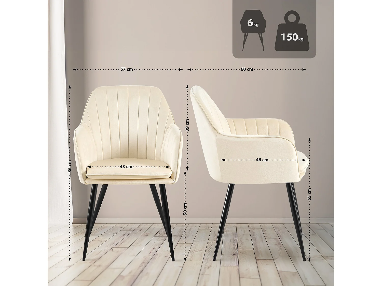 chaises avec accoudoirs - Velours & Noir - Crème - Cheryl