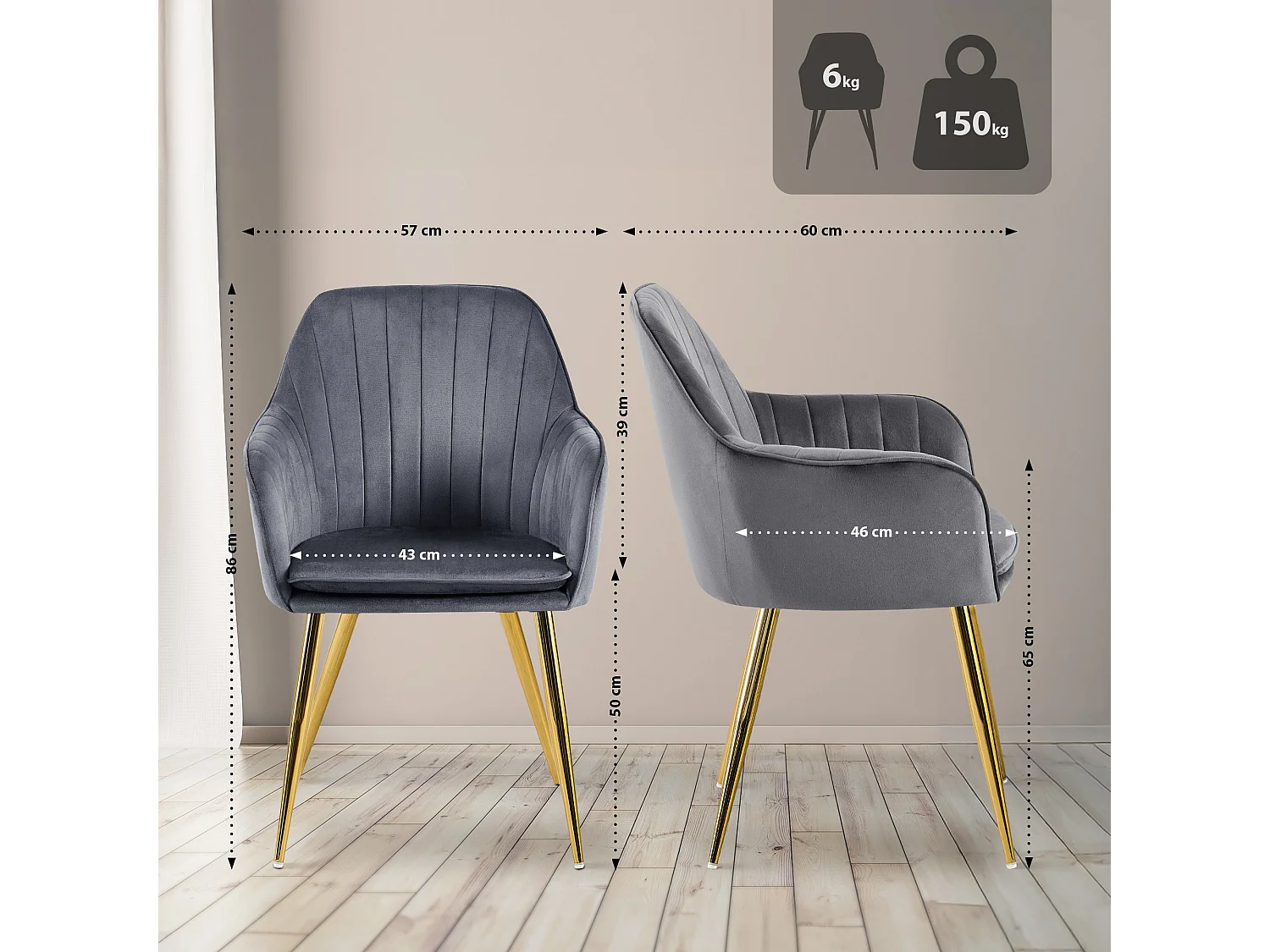 chaises avec accoudoirs - Velours & Or - Gris foncé - Cheryl