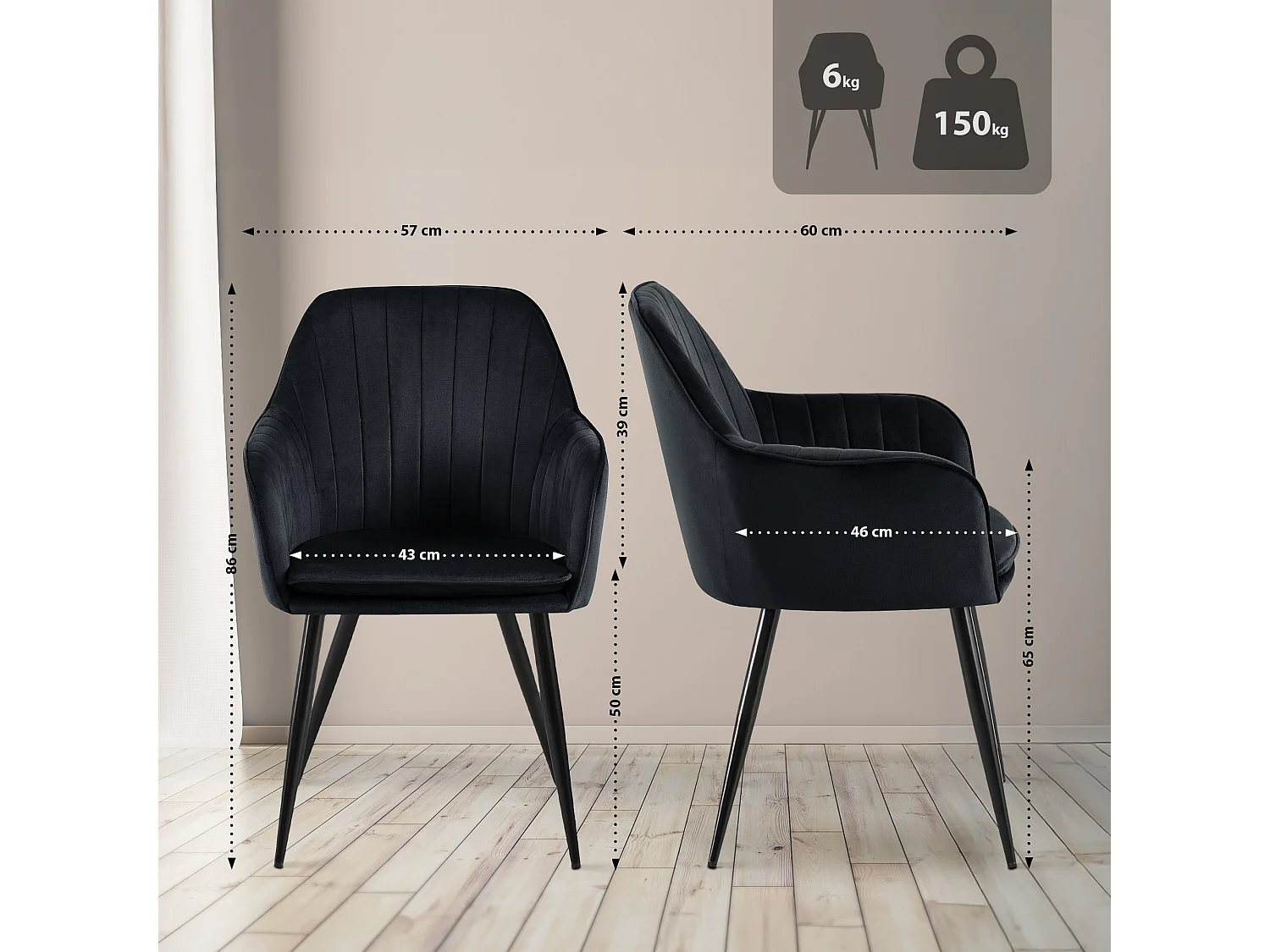 chaises avec accoudoirs - Velours & Noir - Noir - Cheryl
