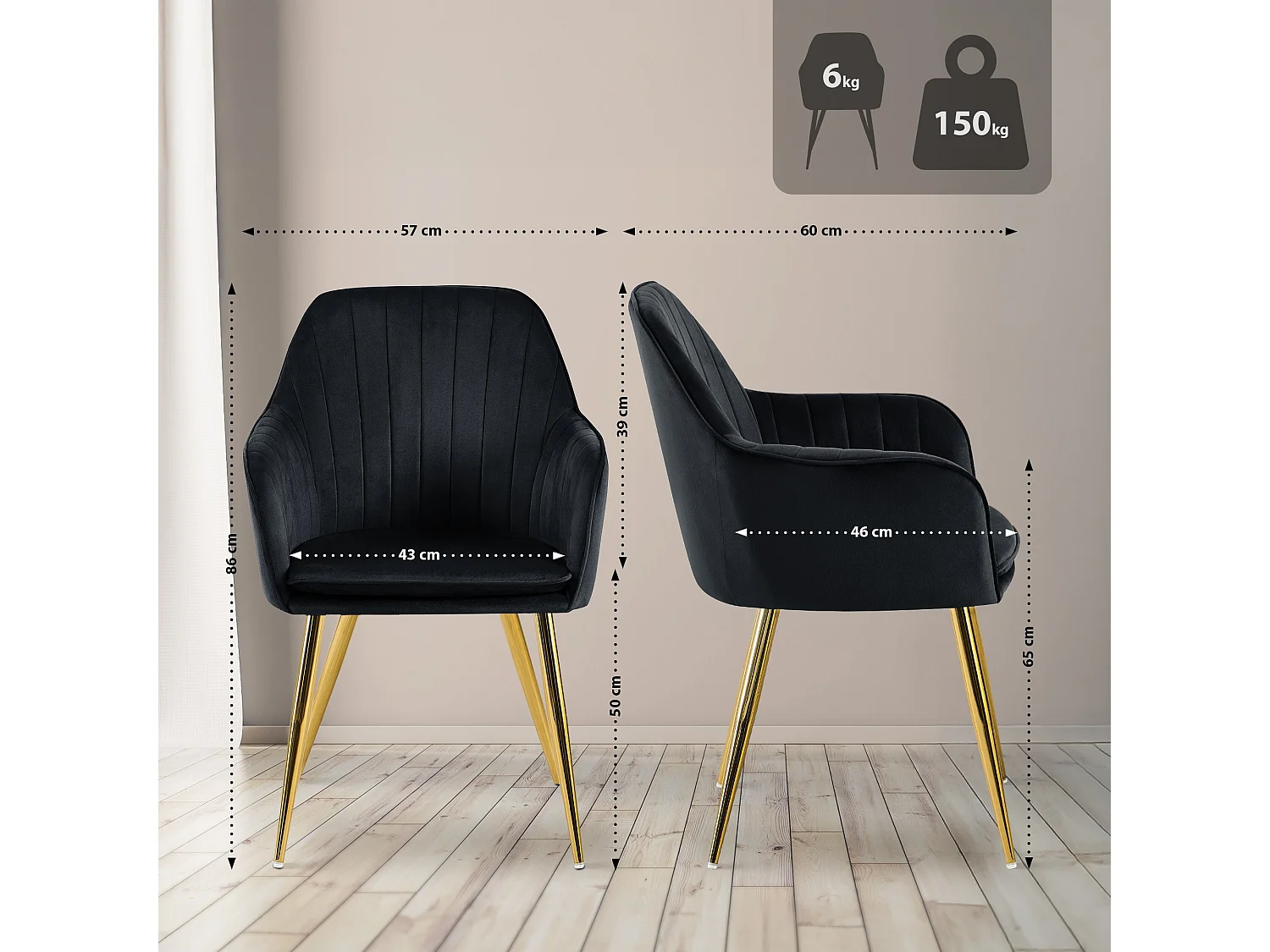 chaises avec accoudoirs - Velours & Or - Noir - Cheryl
