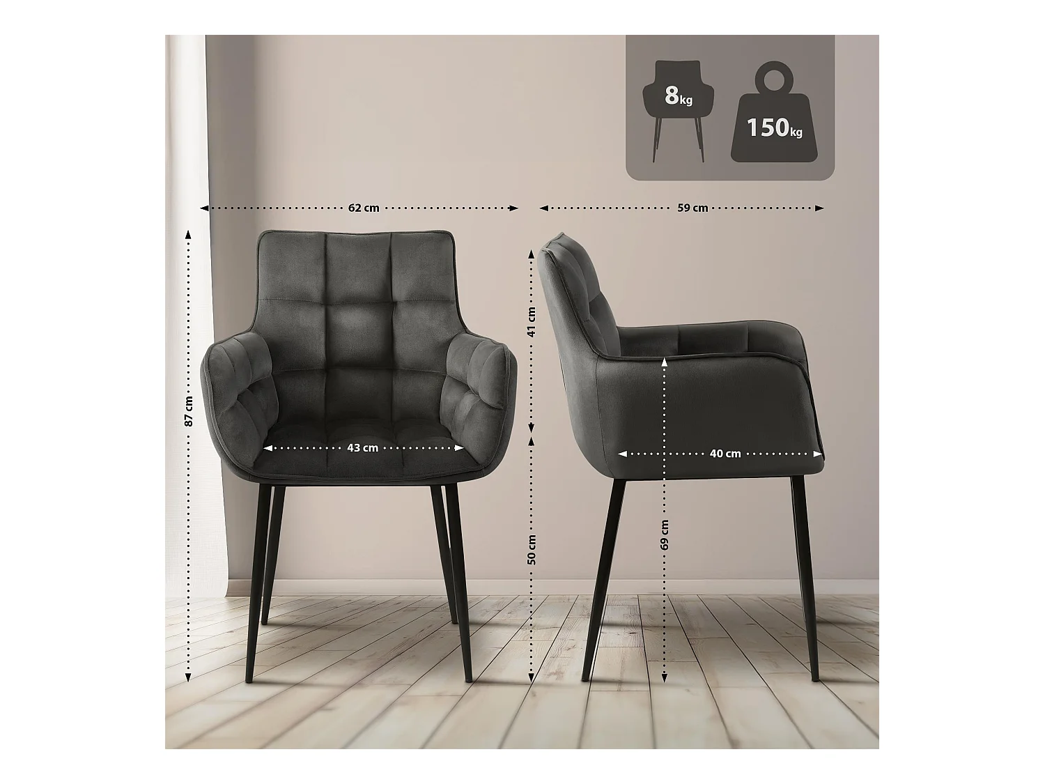 Lot de 2  chaises avec accoudoirs - Velours - Anthracite - Tirana