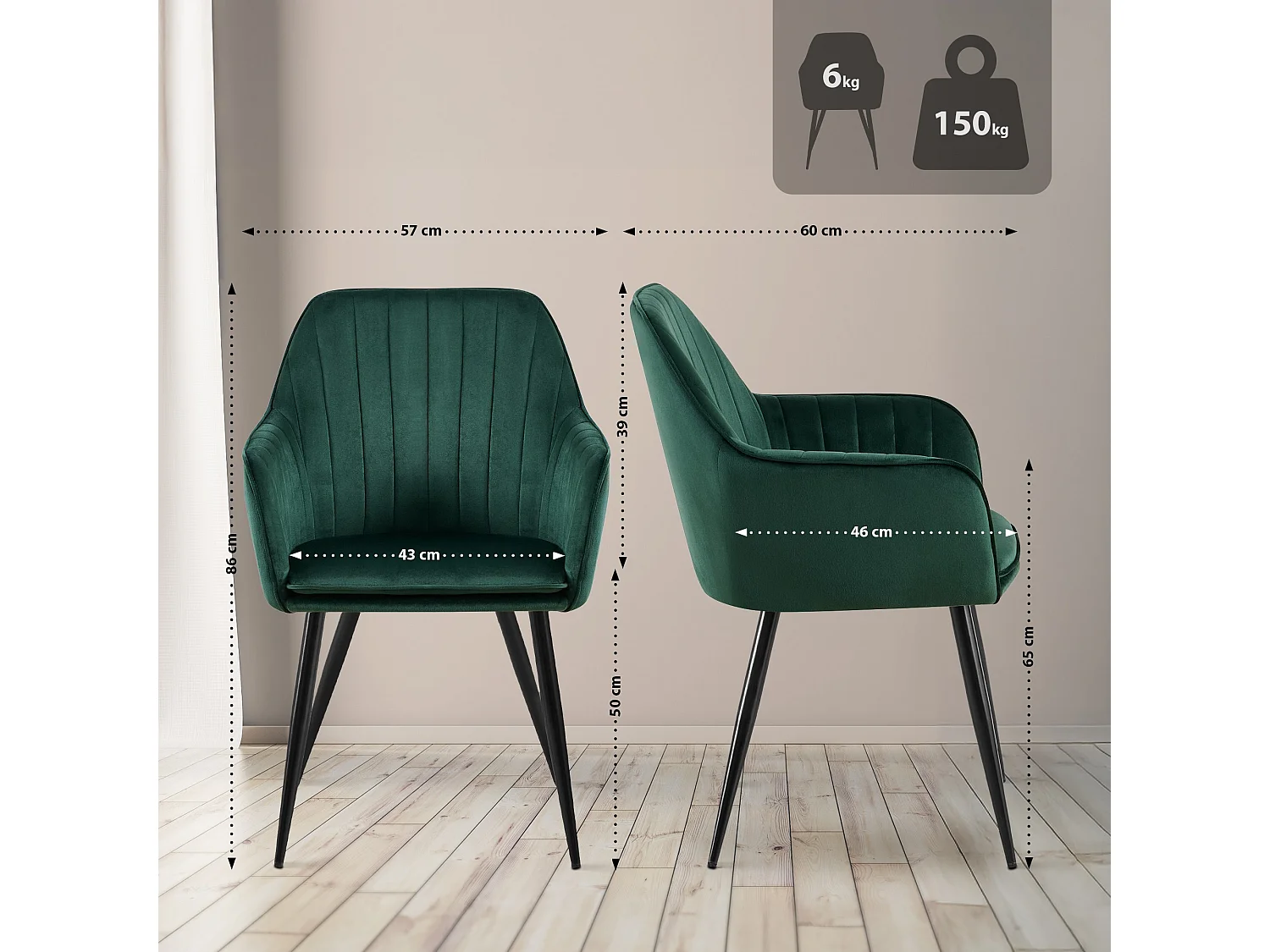 chaises avec accoudoirs - Velours & Noir - Vert - Cheryl