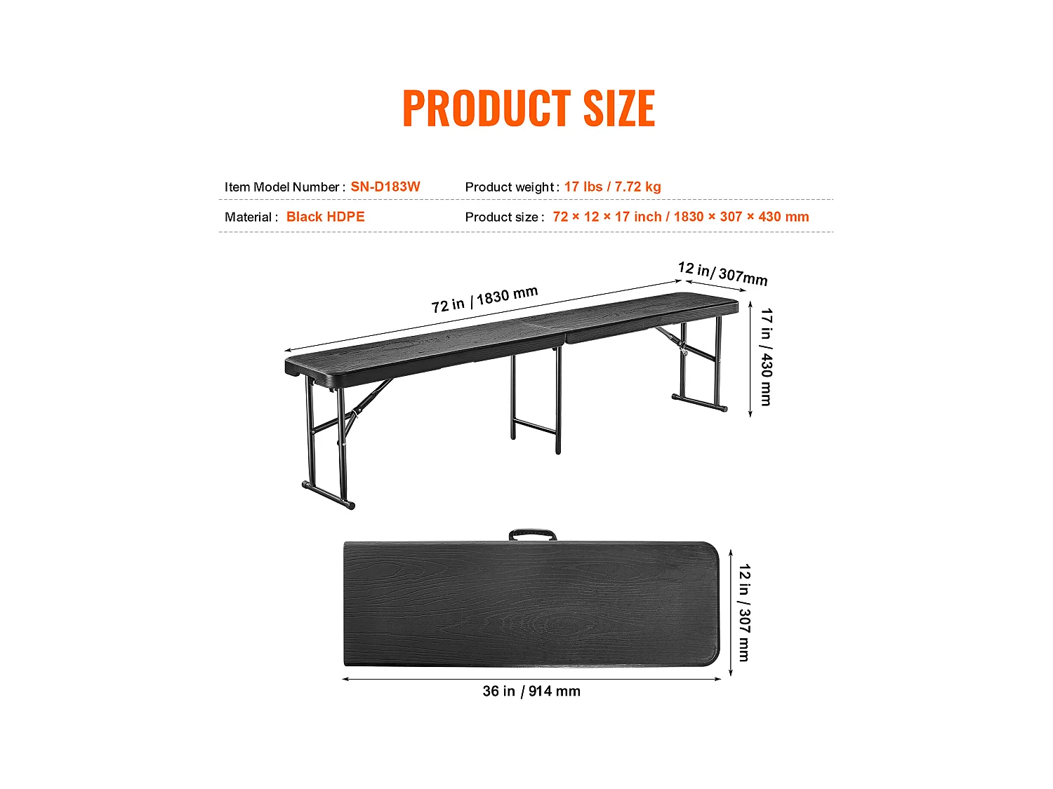 Banco de Deporte SucceBuy, Banco Plegable de Plástico, 1,8 m, Asiento Exterior con Asa de Transporte, para Picnic y Campamento