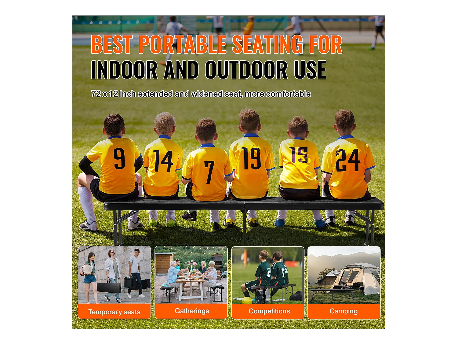 Banco de Deporte SucceBuy, Banco Plegable de Plástico, 1,8 m, Asiento Exterior con Asa de Transporte, para Picnic y Campamento