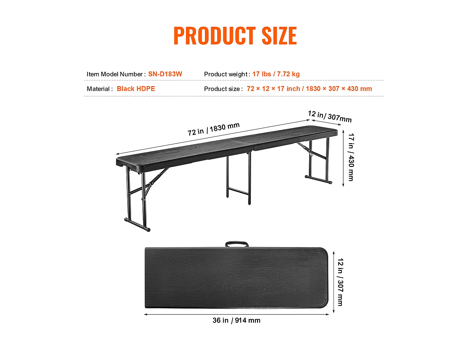Banc de Sport SucceBuy, Banc Pliant en Plastique, 1,8 m, Siège Extérieur avec Poignée de Transport, pour Pique-Nique et Camping