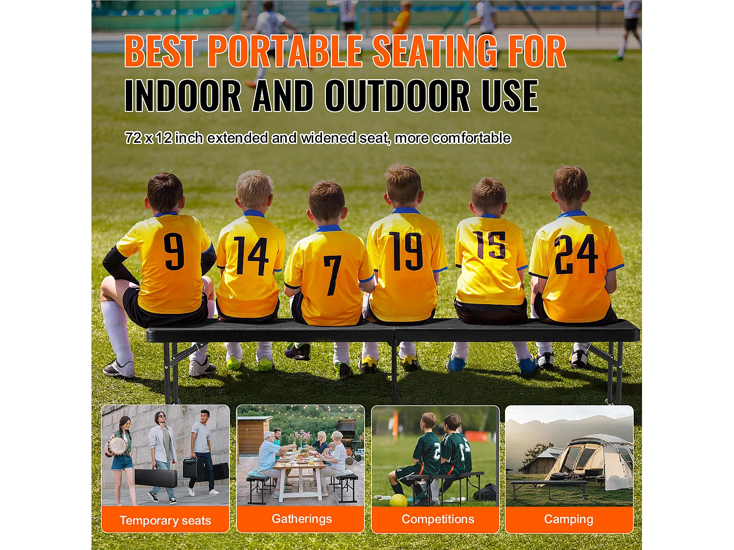 Banc de Sport SucceBuy, Banc Pliant en Plastique, 1,8 m, Siège Extérieur avec Poignée de Transport, pour Pique-Nique et Camping