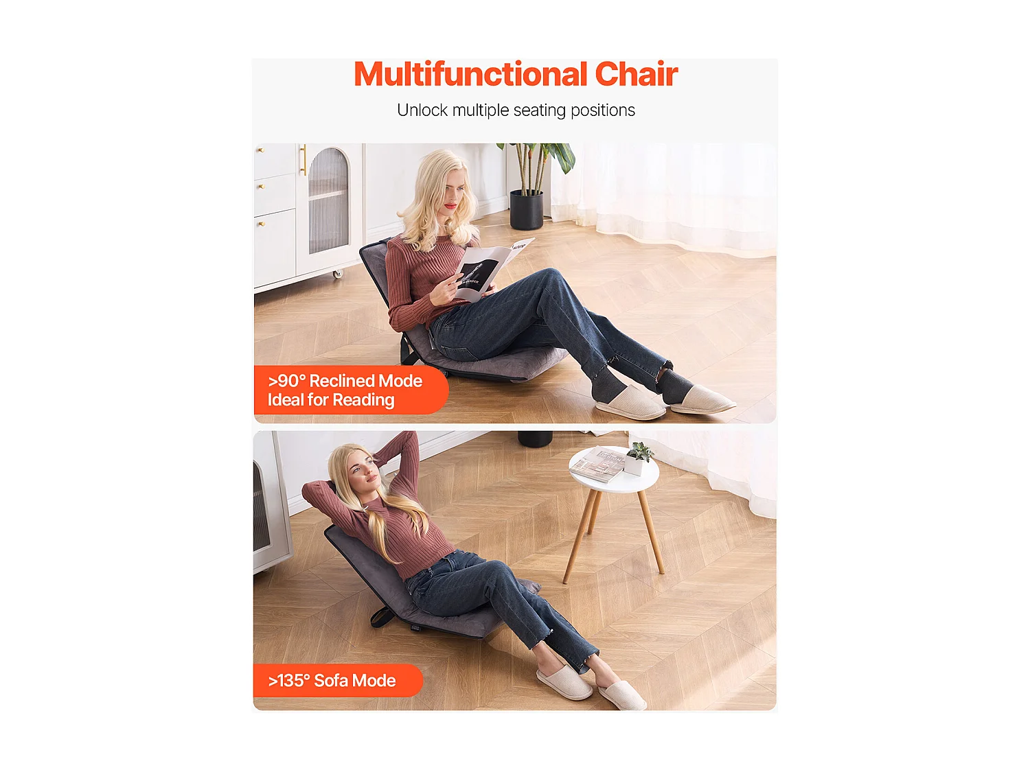 Fauteuil de Sol SucceBuy, Chaise de Sol avec Dossier, 6 Positions Réglables, Siège Rabattable, pour Enfants et Adultes, Gris