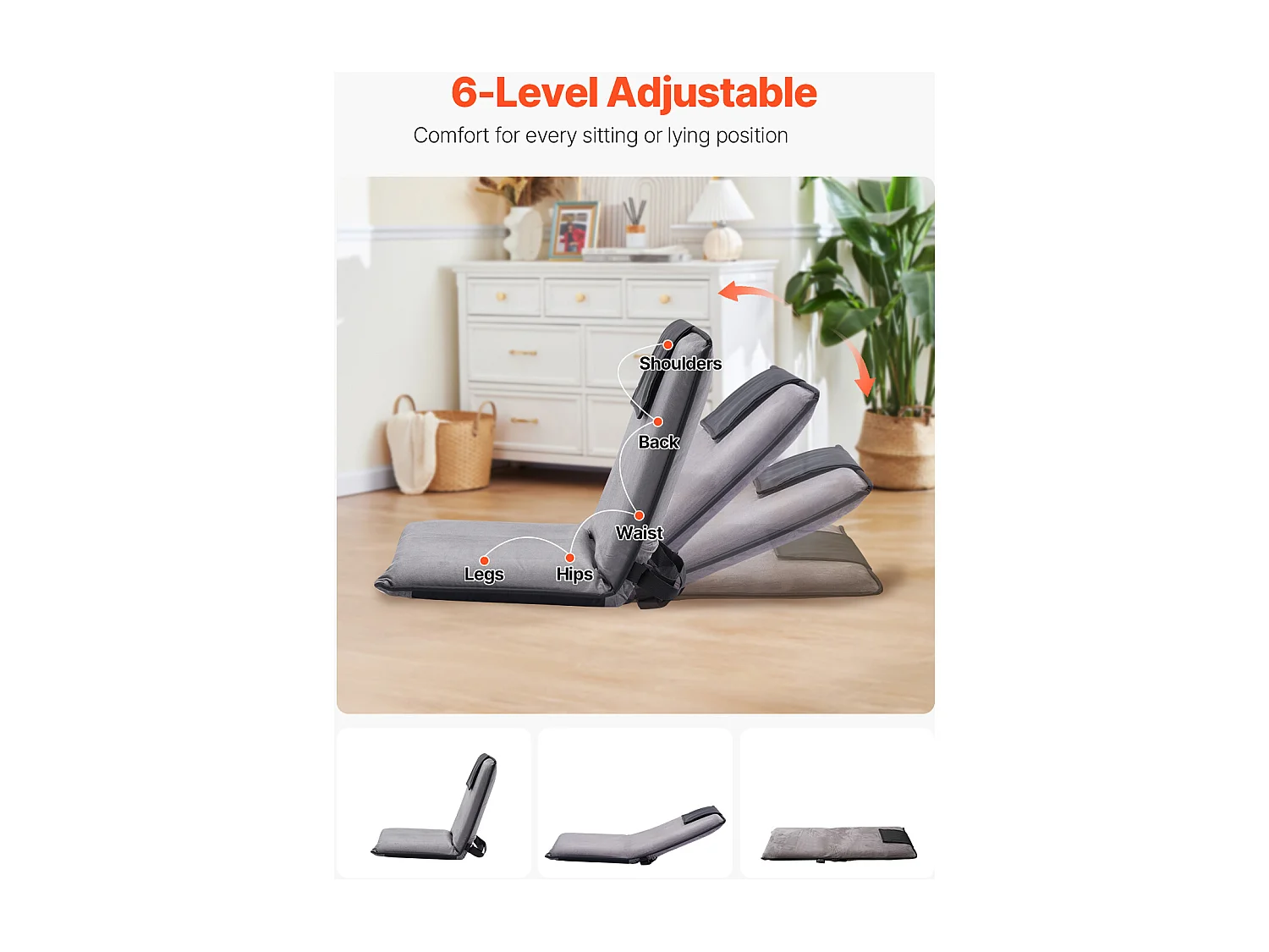 Fauteuil de Sol SucceBuy, Chaise de Sol avec Dossier, 6 Positions Réglables, Siège Rabattable, pour Enfants et Adultes, Gris