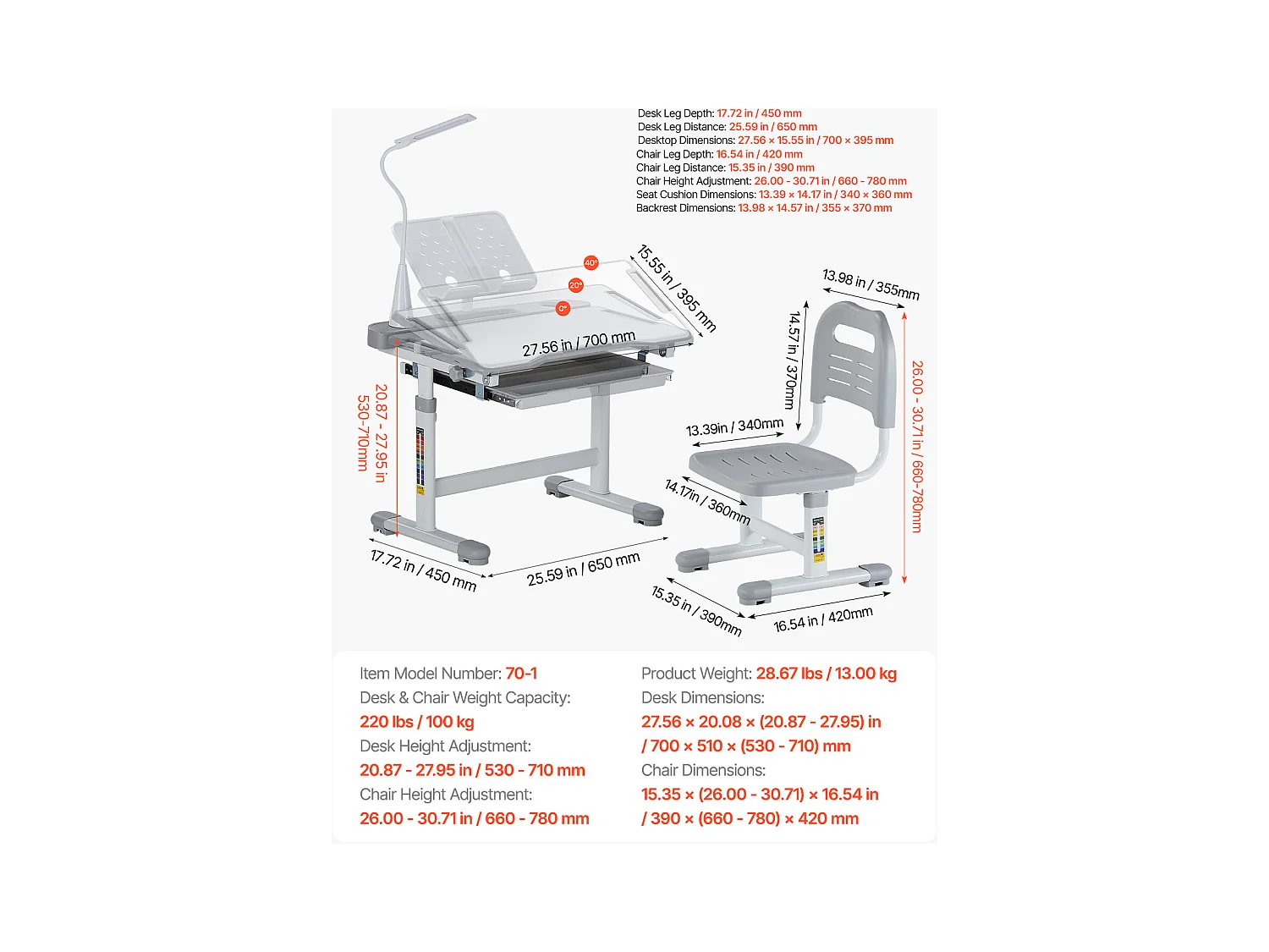 Kinder-Schreibtisch-Set mit Stuhl SucceBuy, Verstellbare Höhe mit Lampe, Grau, Kinderschreibtisch für Kinderzimmer und Arbeitszimmer