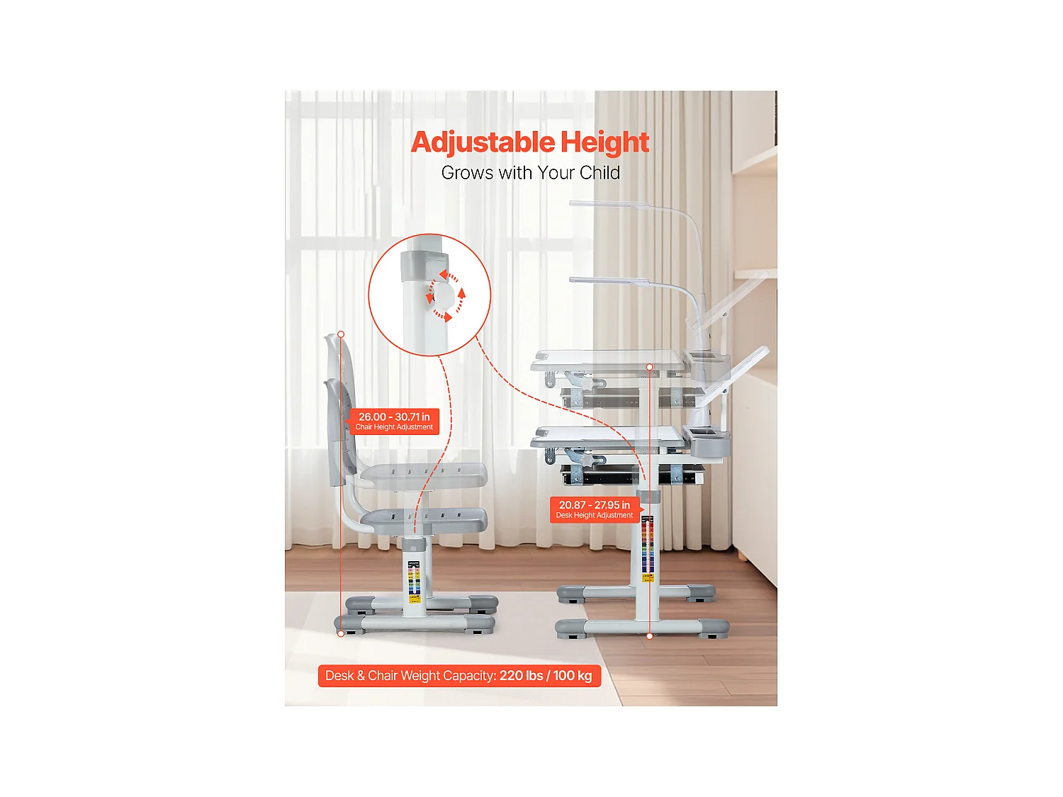 Kinder-Schreibtisch-Set mit Stuhl SucceBuy, Verstellbare Höhe mit Lampe, Grau, Kinderschreibtisch für Kinderzimmer und Arbeitszimmer