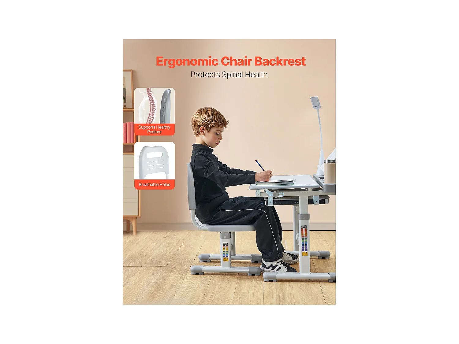 Kinder-Schreibtisch-Set mit Stuhl SucceBuy, Verstellbare Höhe mit Lampe, Grau, Kinderschreibtisch für Kinderzimmer und Arbeitszimmer