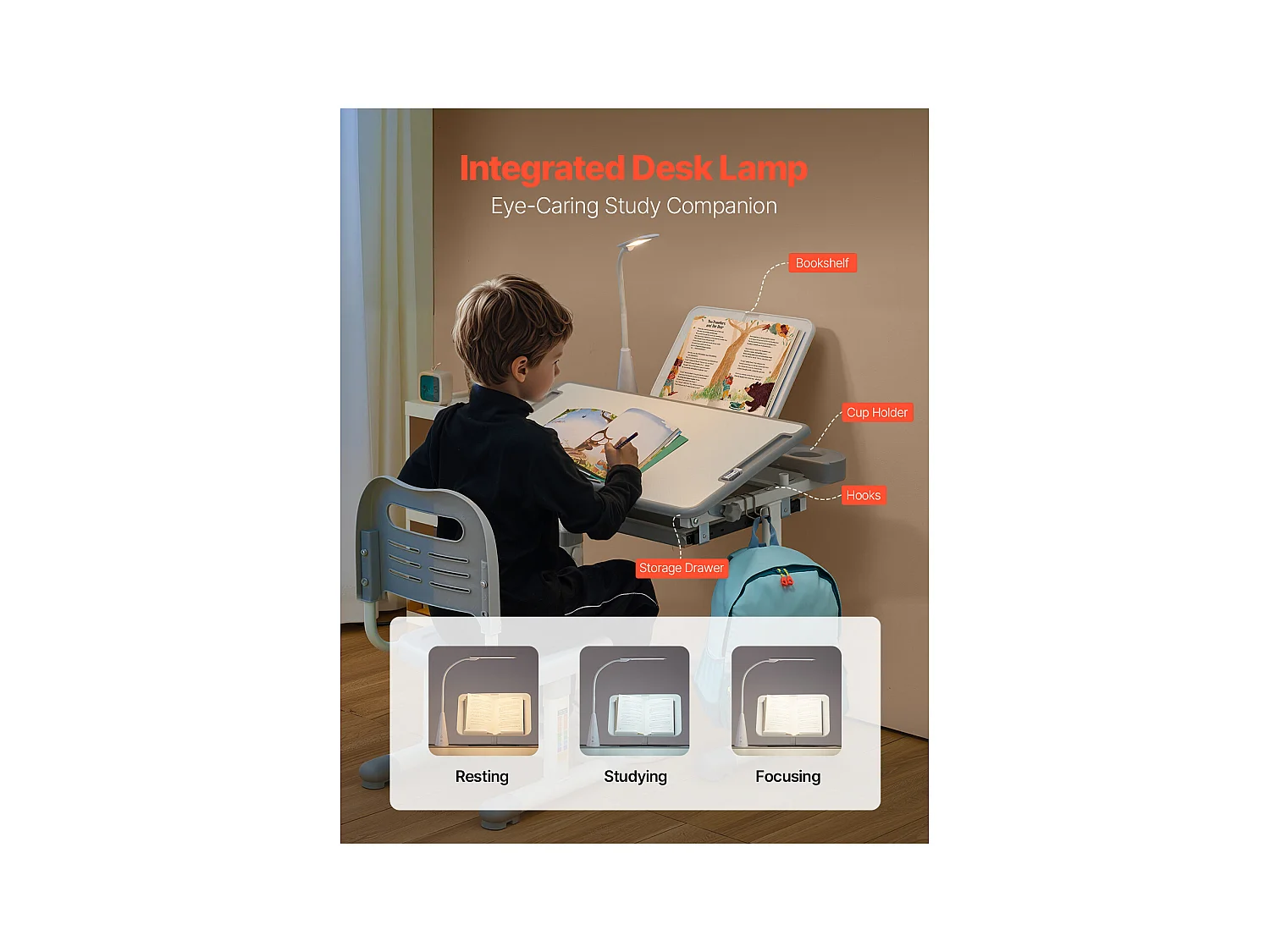 Kinder-Schreibtisch-Set mit Stuhl SucceBuy, Verstellbare Höhe mit Lampe, Grau, Kinderschreibtisch für Kinderzimmer und Arbeitszimmer