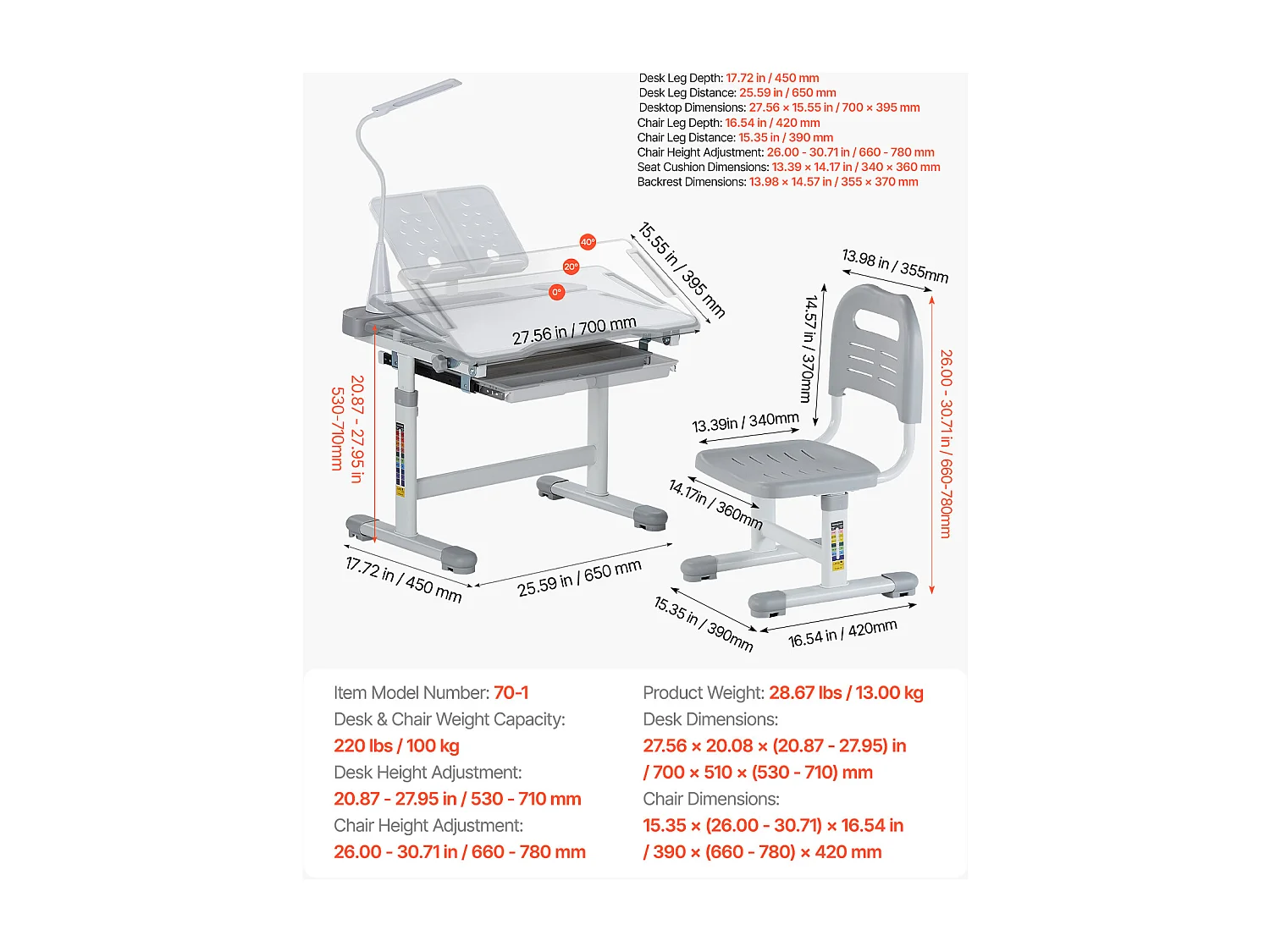 Ensemble Bureau et Chaise pour Enfants SucceBuy,  Hauteur Réglable avec Lampe, Gris