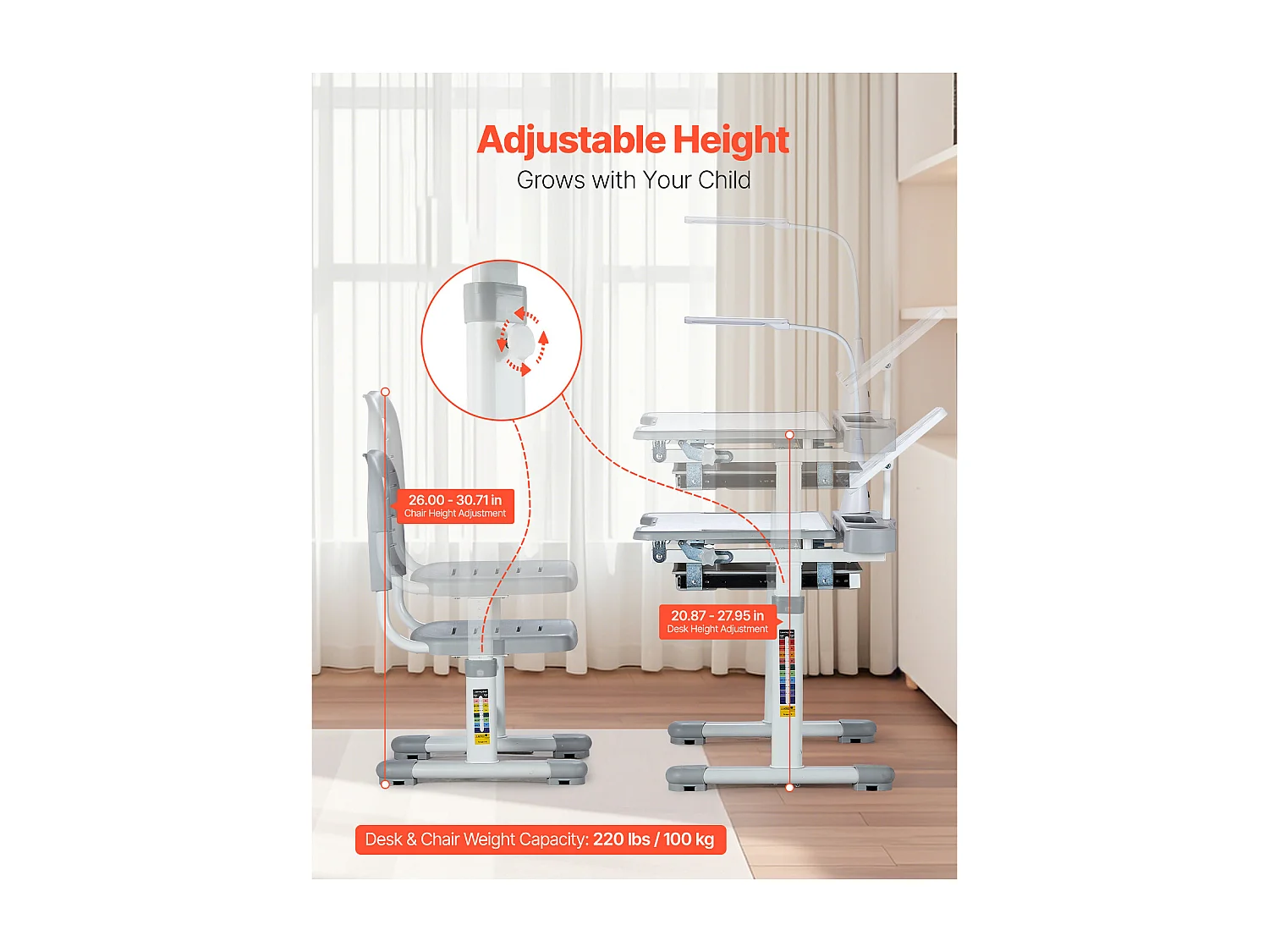 Ensemble Bureau et Chaise pour Enfants SucceBuy,  Hauteur Réglable avec Lampe, Gris