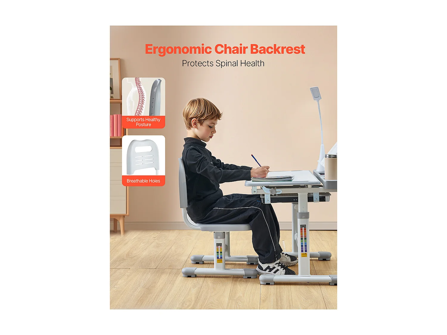Ensemble Bureau et Chaise pour Enfants SucceBuy,  Hauteur Réglable avec Lampe, Gris