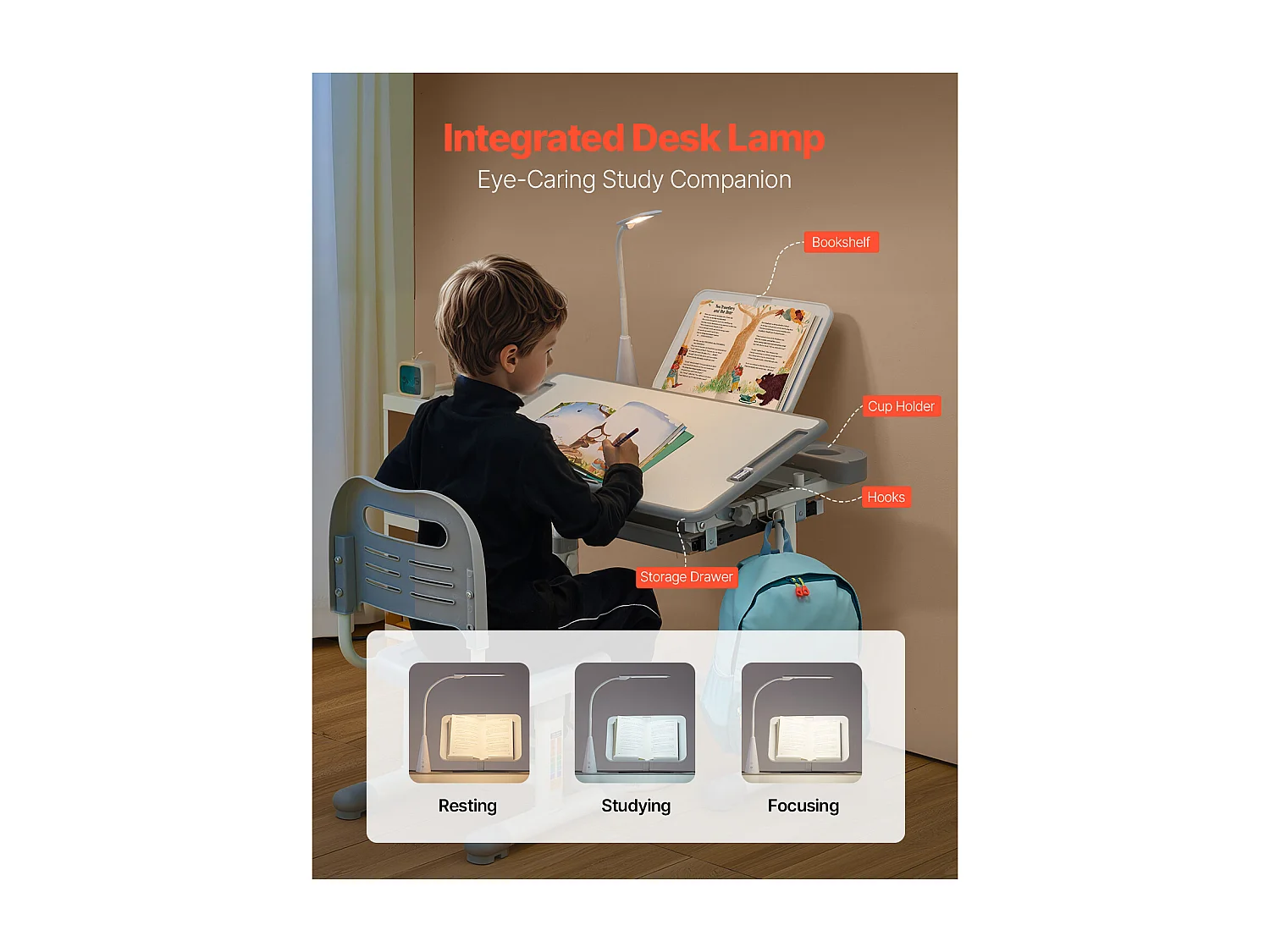 Ensemble Bureau et Chaise pour Enfants SucceBuy,  Hauteur Réglable avec Lampe, Gris