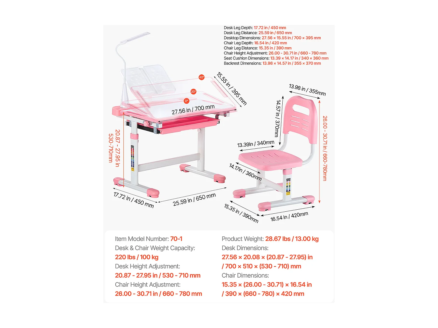 Kinder bureau- en Stoelenset SucceBuy, Regelbare Hoogte met Lamp, Roze, Kinderbureau voor Slaapkamer en Studeerkamer