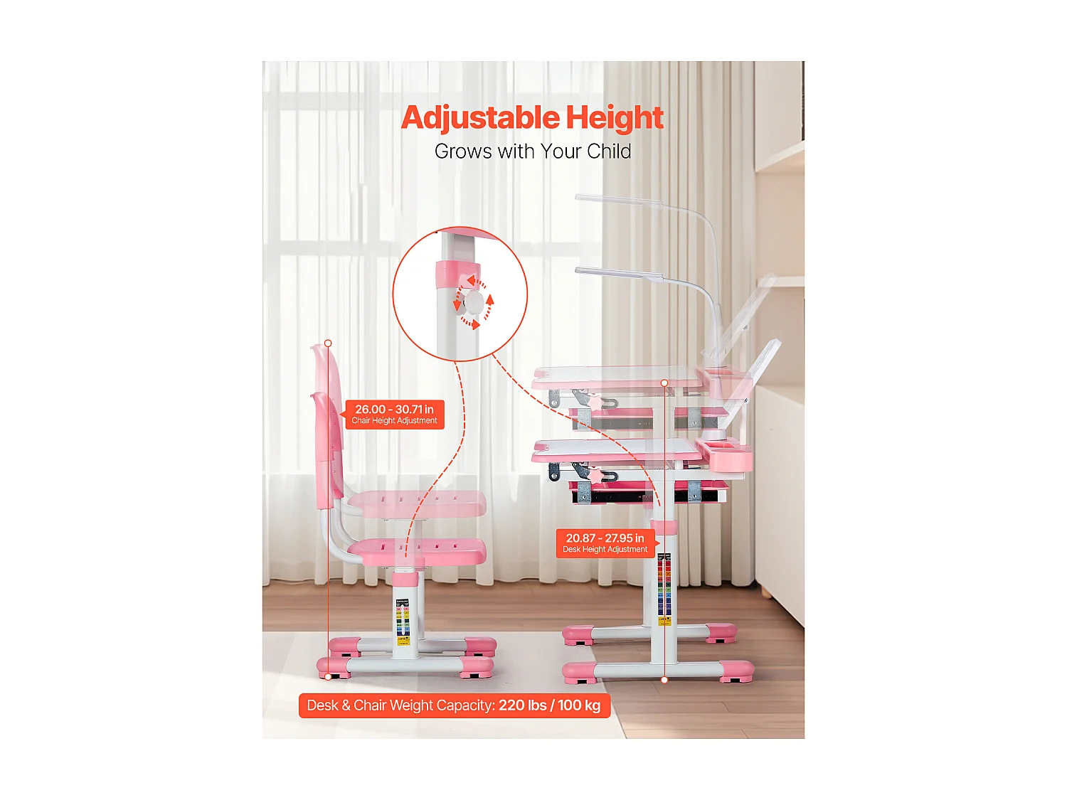 Kinder bureau- en Stoelenset SucceBuy, Regelbare Hoogte met Lamp, Roze, Kinderbureau voor Slaapkamer en Studeerkamer