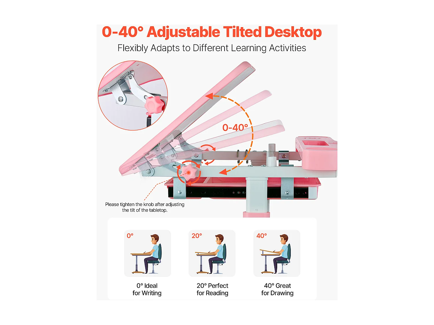 Kinder bureau- en Stoelenset SucceBuy, Regelbare Hoogte met Lamp, Roze, Kinderbureau voor Slaapkamer en Studeerkamer