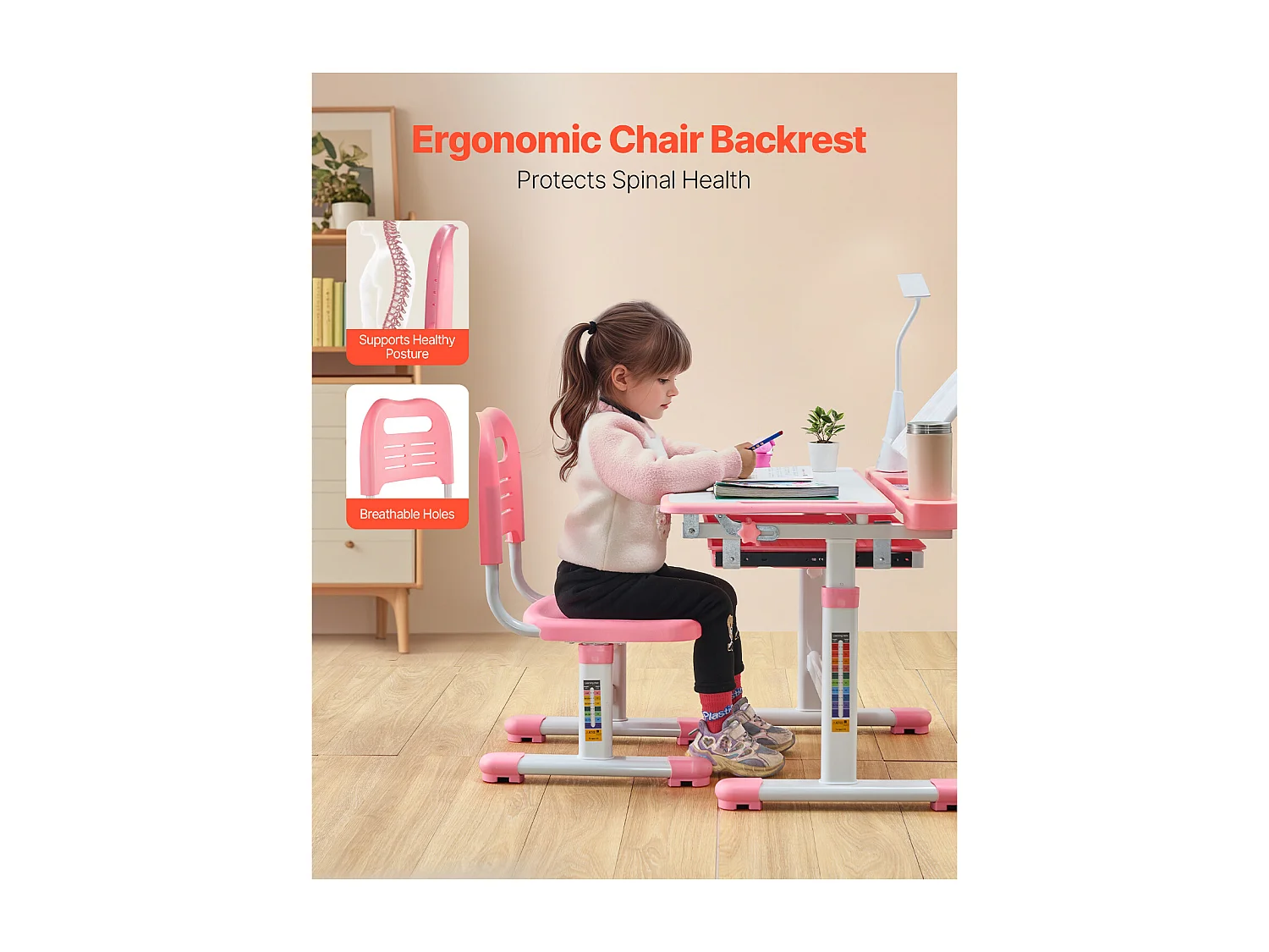 Kinder bureau- en Stoelenset SucceBuy, Regelbare Hoogte met Lamp, Roze, Kinderbureau voor Slaapkamer en Studeerkamer