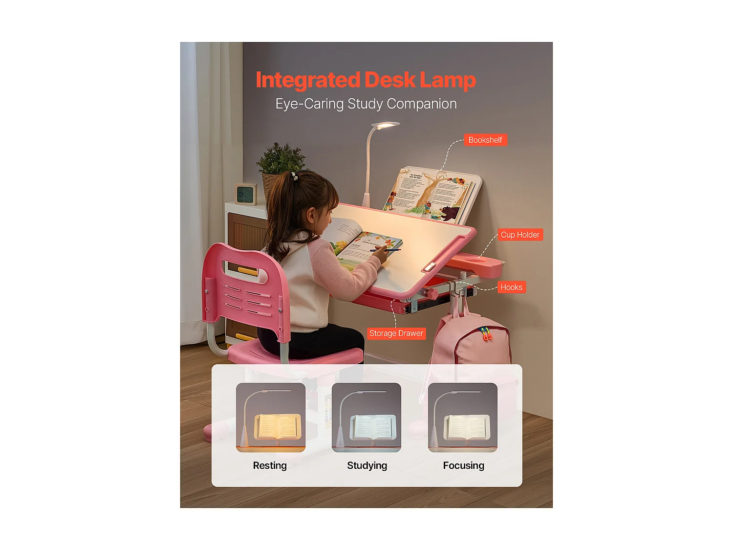 Kinder bureau- en Stoelenset SucceBuy, Regelbare Hoogte met Lamp, Roze, Kinderbureau voor Slaapkamer en Studeerkamer