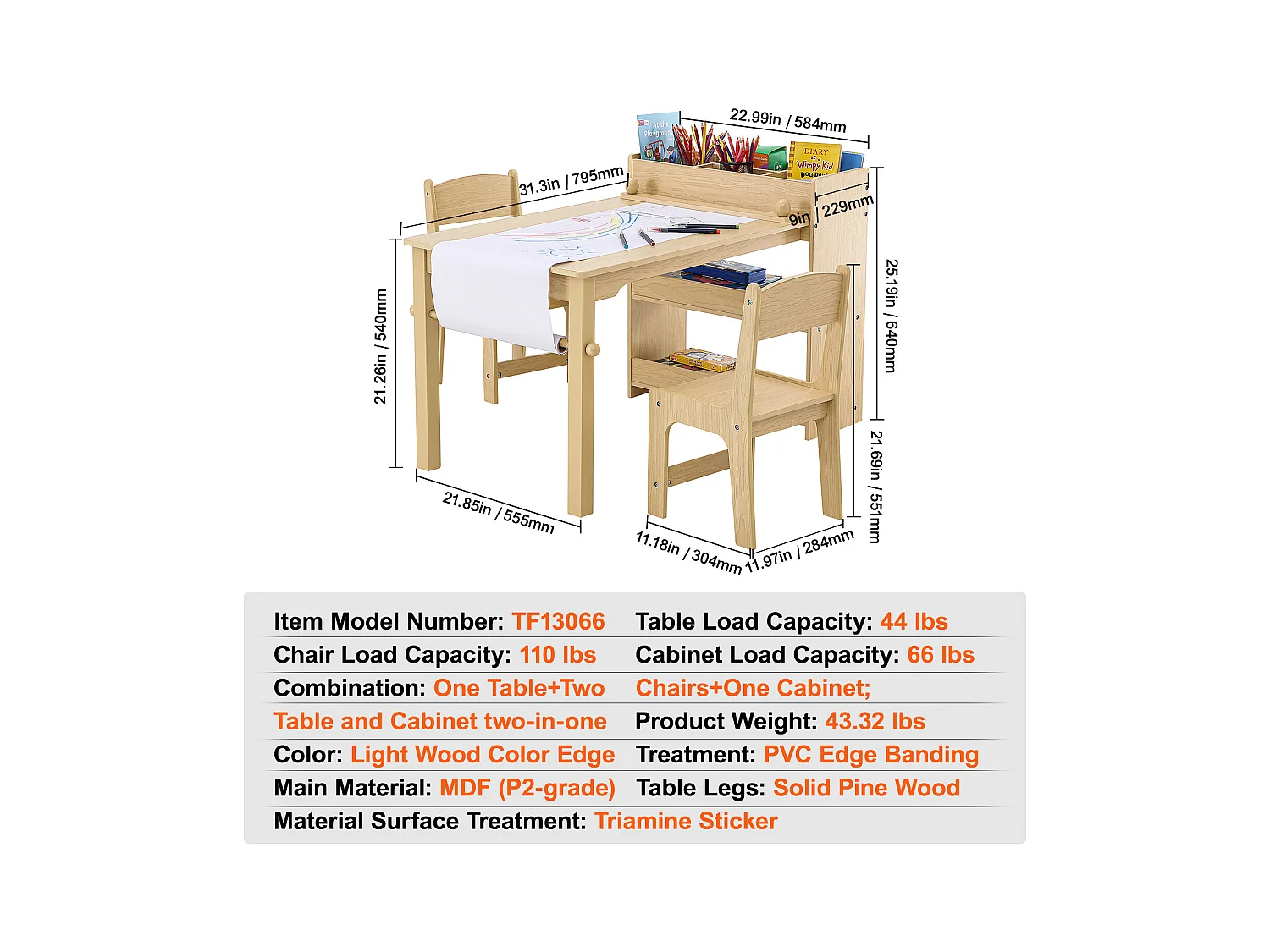 Ensemble de Meuble Table pour Enfants SucceBuy et 2 Chaises, Table de Bricolage et de Jeu pour Tout-Petits avec Armoire