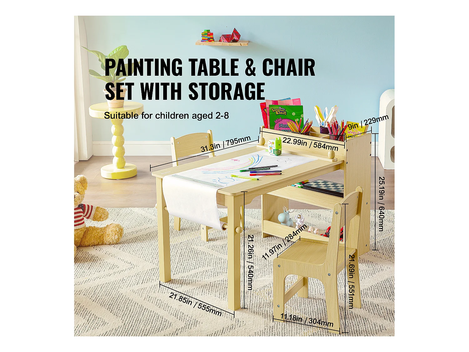 Ensemble de Meuble Table pour Enfants SucceBuy et 2 Chaises, Table de Bricolage et de Jeu pour Tout-Petits avec Armoire