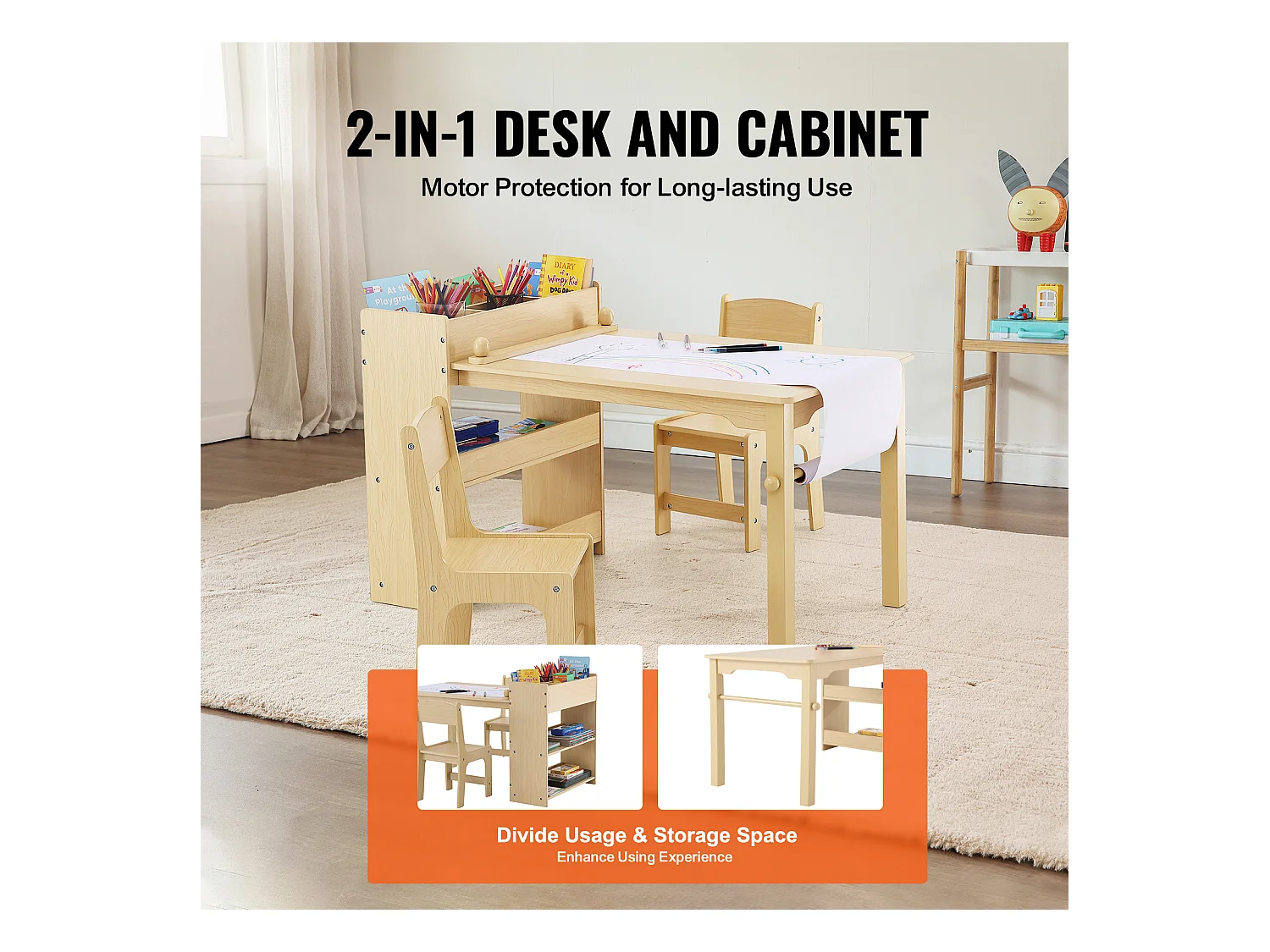 Ensemble de Meuble Table pour Enfants SucceBuy et 2 Chaises, Table de Bricolage et de Jeu pour Tout-Petits avec Armoire
