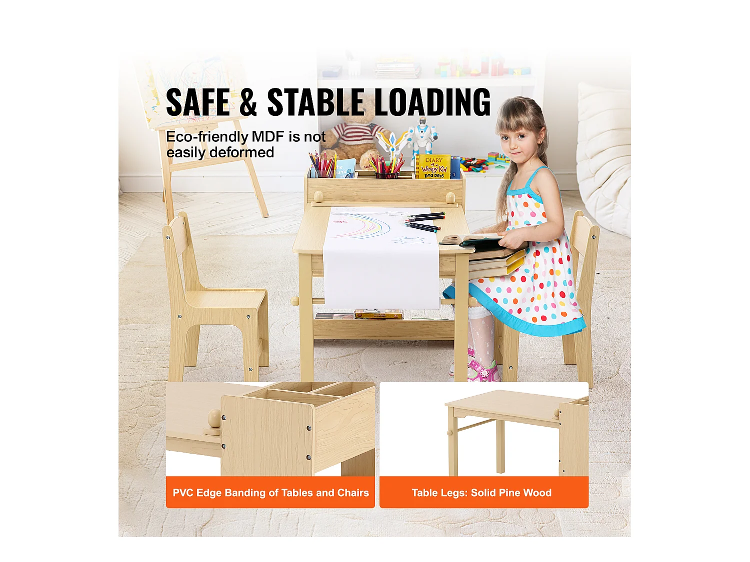 Ensemble de Meuble Table pour Enfants SucceBuy et 2 Chaises, Table de Bricolage et de Jeu pour Tout-Petits avec Armoire